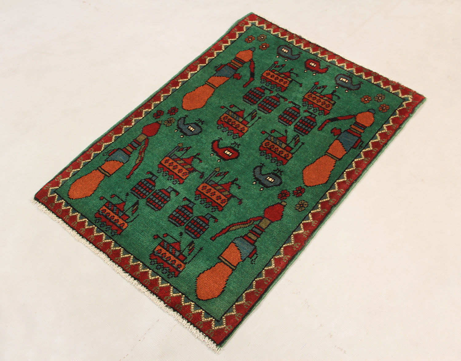 Green Hand Knotted Wool War Rug 2' x 3'