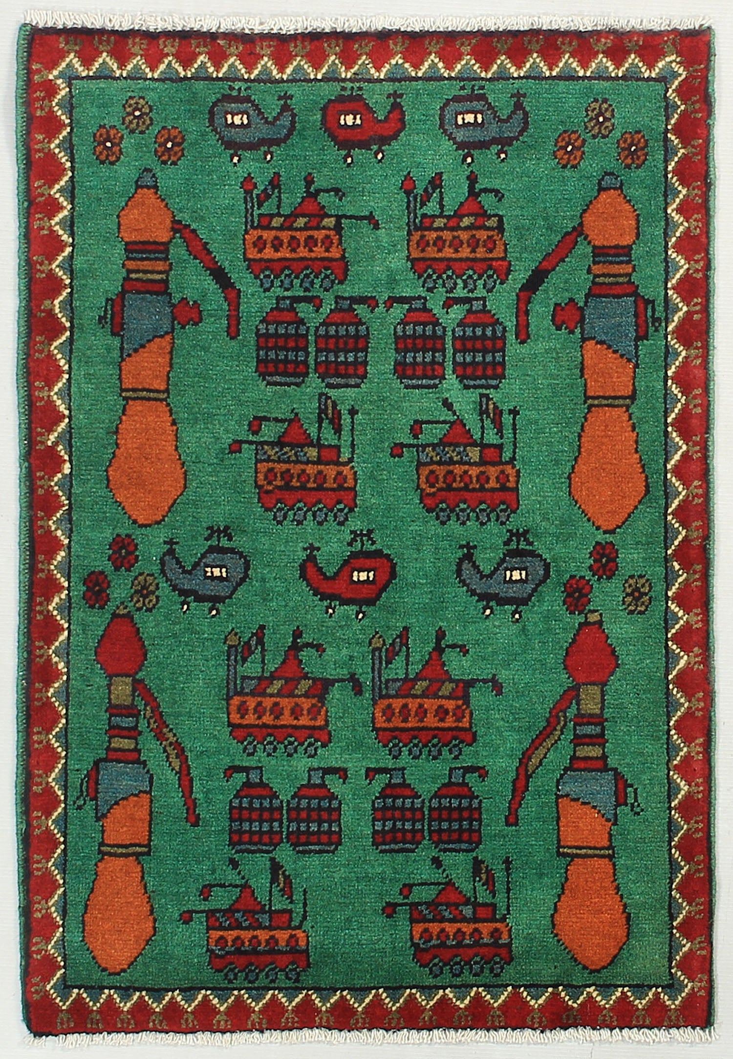 Green Hand Knotted Wool War Rug 2' x 3'