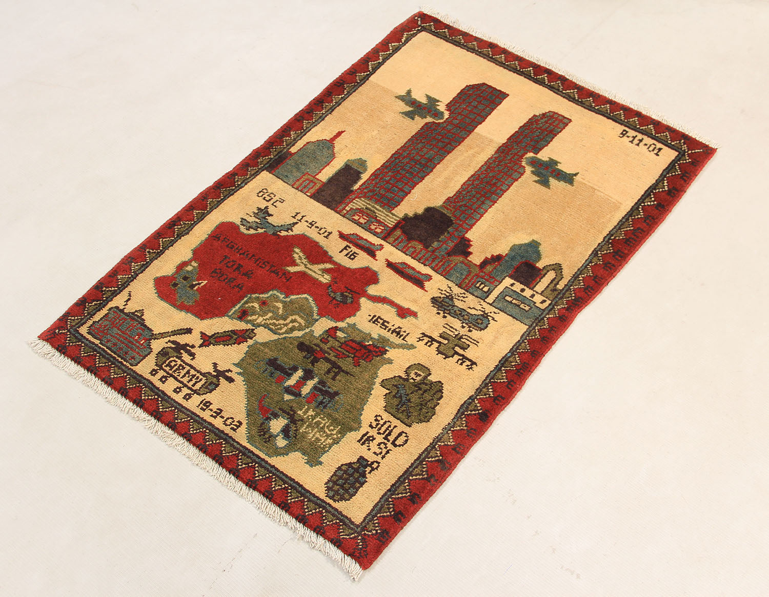 2' x 3' Ivory Handmade War Rug Rectangular