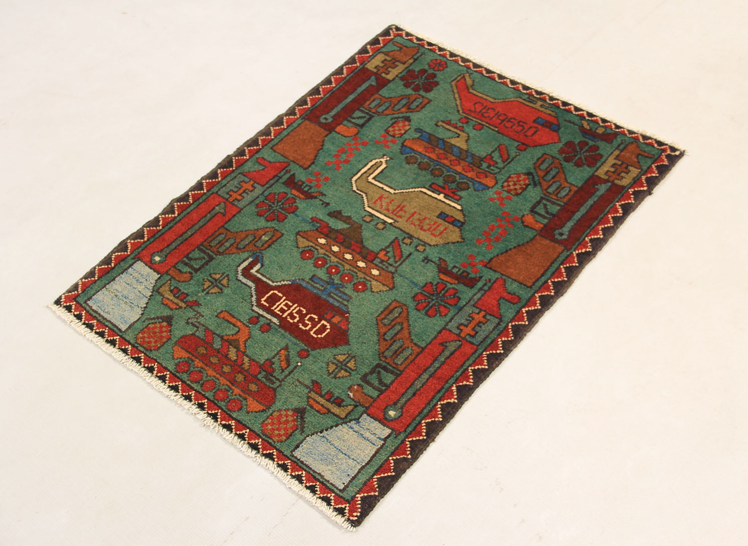 Green Hand Knotted Wool War Rug 2' x 3'
