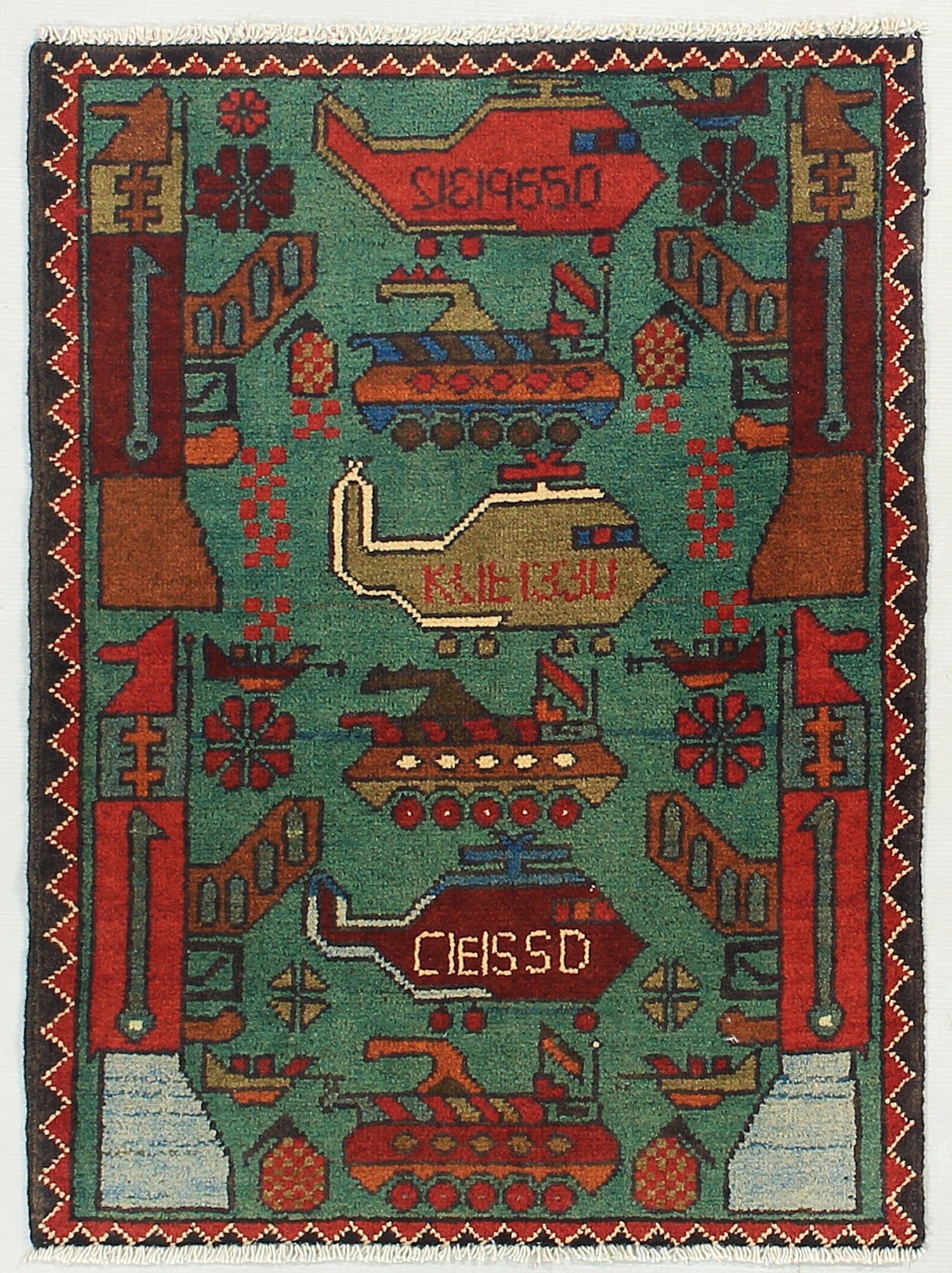 Green Hand Knotted Wool War Rug 2' x 3'