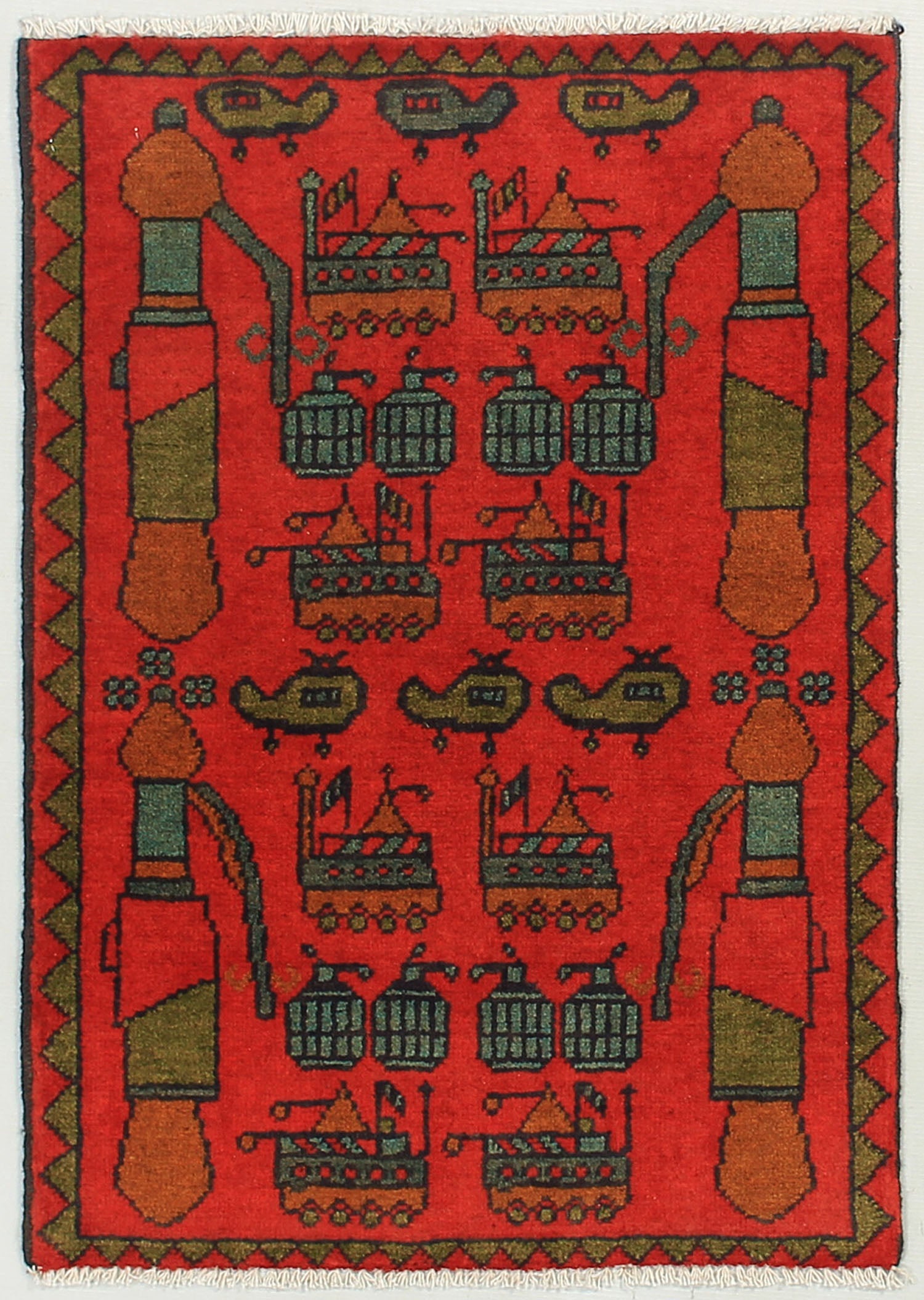 Red Hand Knotted Wool War Rug 2' x 3'