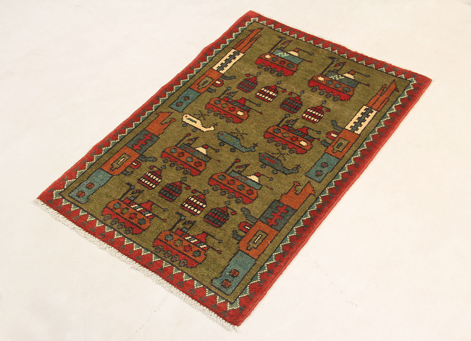 Green Hand Knotted Wool War Rug 2' x 3'