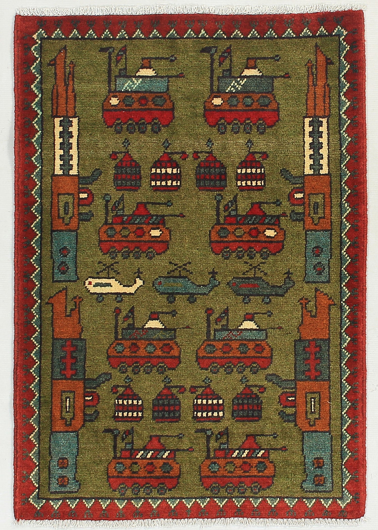 Green Hand Knotted Wool War Rug 2' x 3'