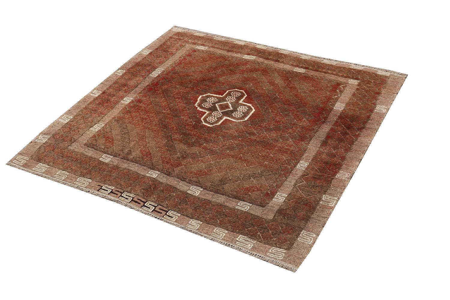 4' x 4' Brown Handmade Mashwani Afghan Rug Square