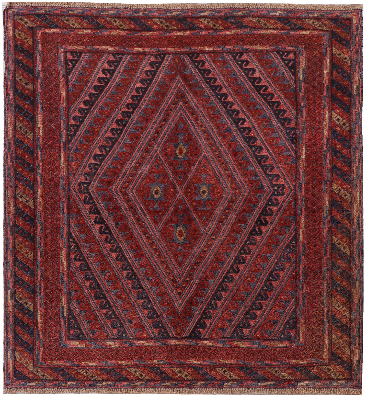 4' x 4' Red Handmade Mashwani Afghan Rug Square