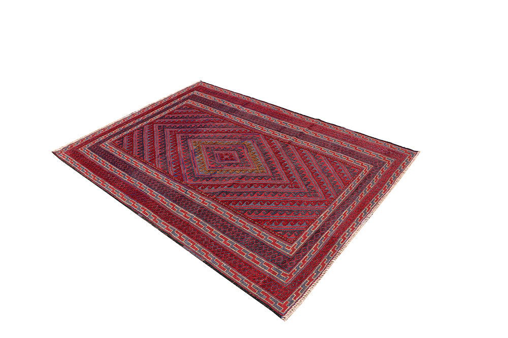 4' 6" x 6' 6 Red Handmade Mashwani Afghan Rug Rectangular