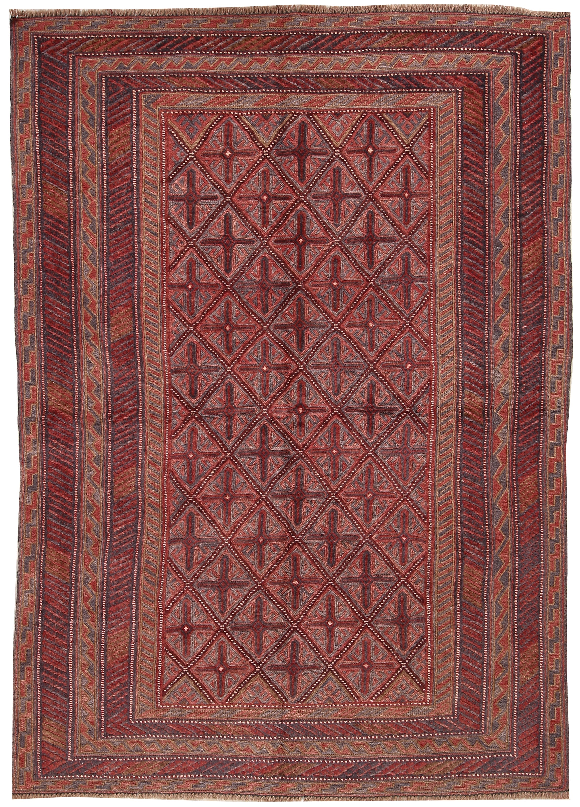 4' 6" x 6' 6 Red Handmade Mashwani Afghan Rug Rectangular