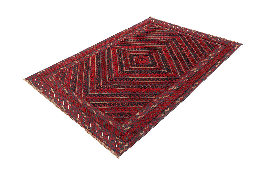 4' 6" x 6' 6 Red Handmade Mashwani Afghan Rug Rectangular