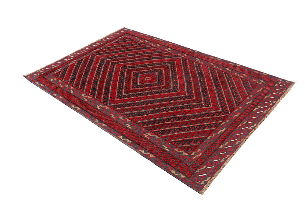 4' 6" x 6' 6 Red Handmade Mashwani Afghan Rug Rectangular
