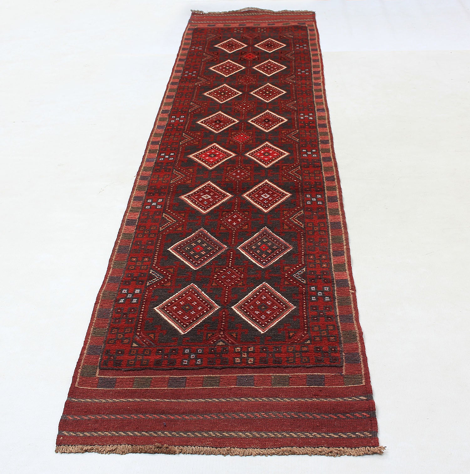 10' 6" X 2' 6" Red Handmade Mashwani Afghan Rug Runner
