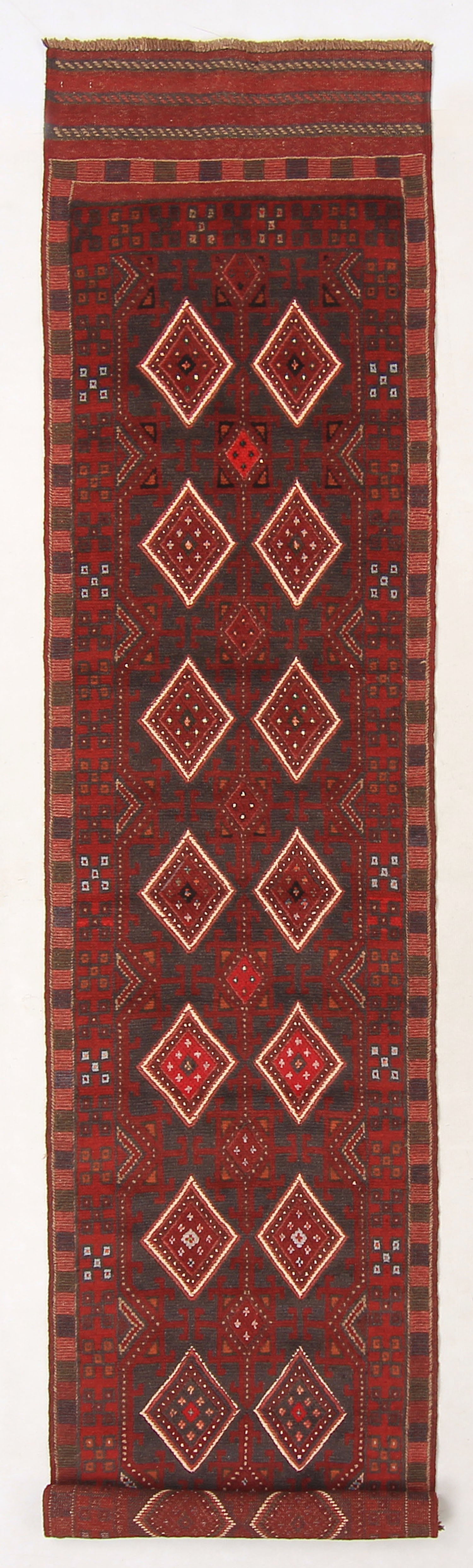 10' 6" X 2' 6" Red Handmade Mashwani Afghan Rug Runner
