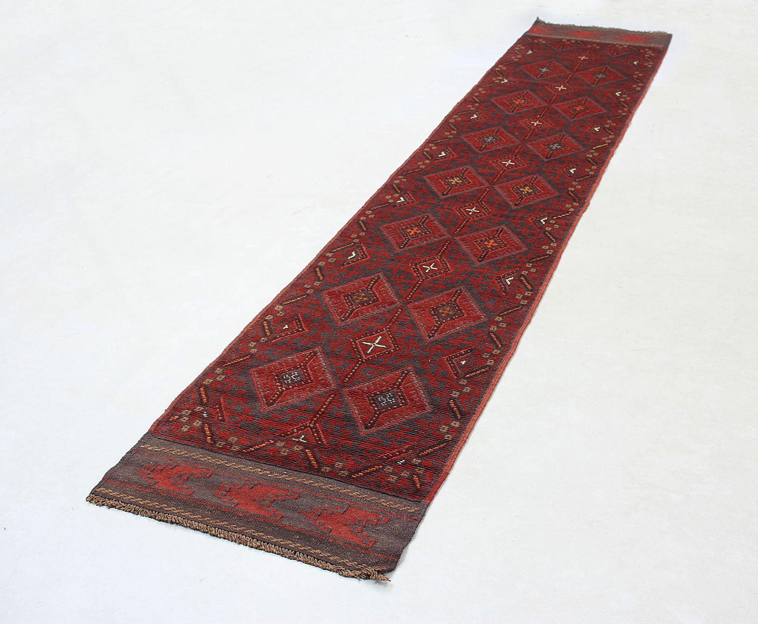 10' 6" X 2' 6" Red Handmade Mashwani Afghan Rug Runner