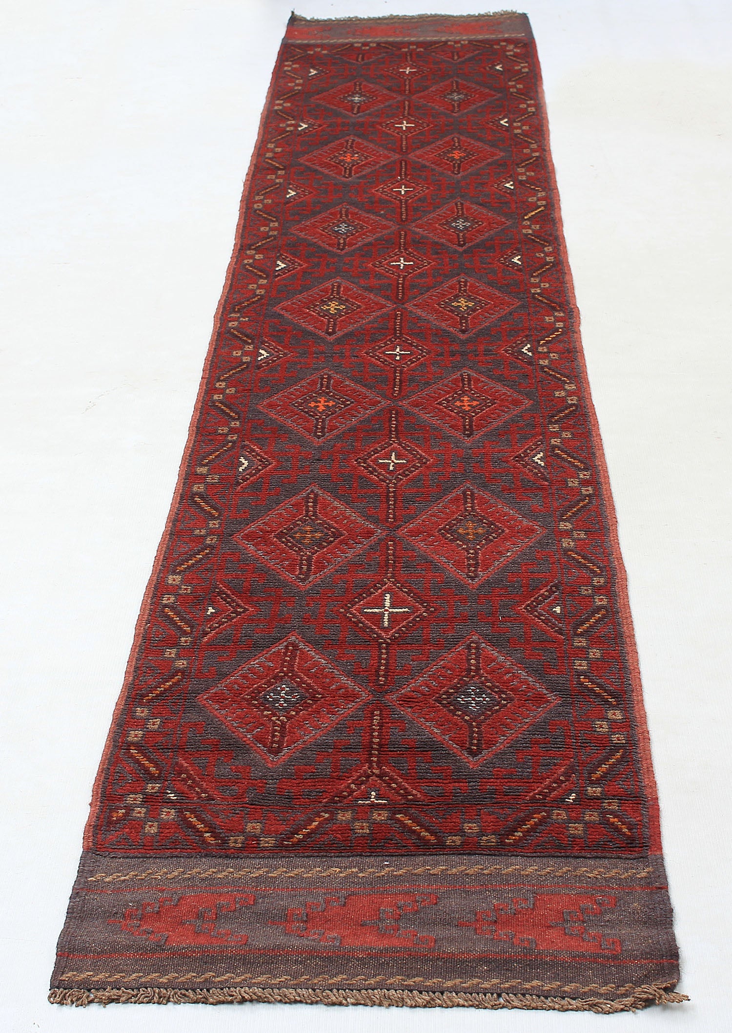 10' 6" X 2' 6" Red Handmade Mashwani Afghan Rug Runner
