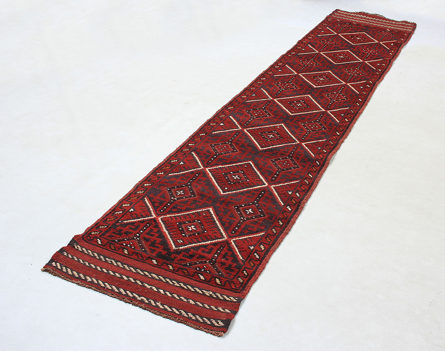 10' 6" X 2' 6" Red Handmade Mashwani Afghan Rug Runner