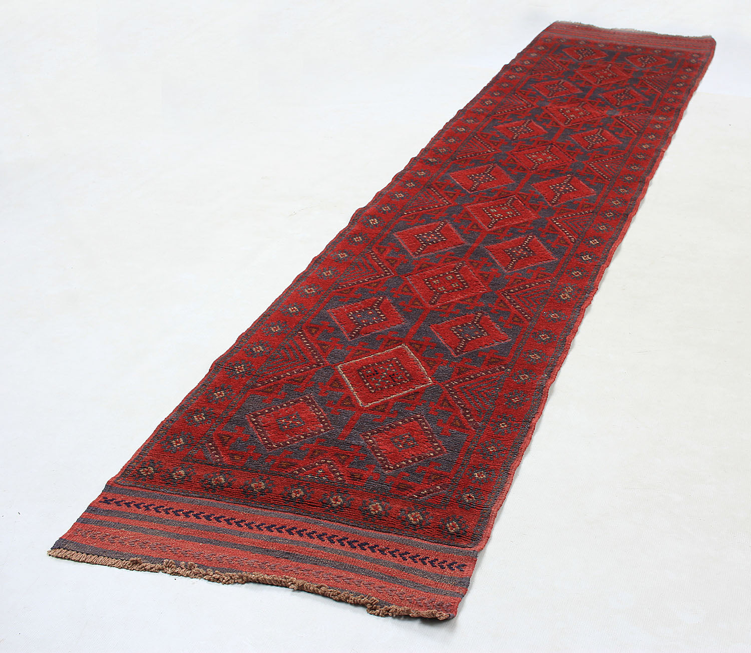 10' 6" X 2' 6" Red Handmade Mashwani Afghan Rug Runner