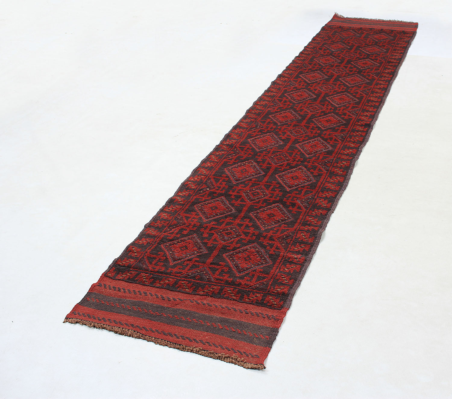 10' 6" X 2' 6" Red Handmade Mashwani Afghan Rug Runner