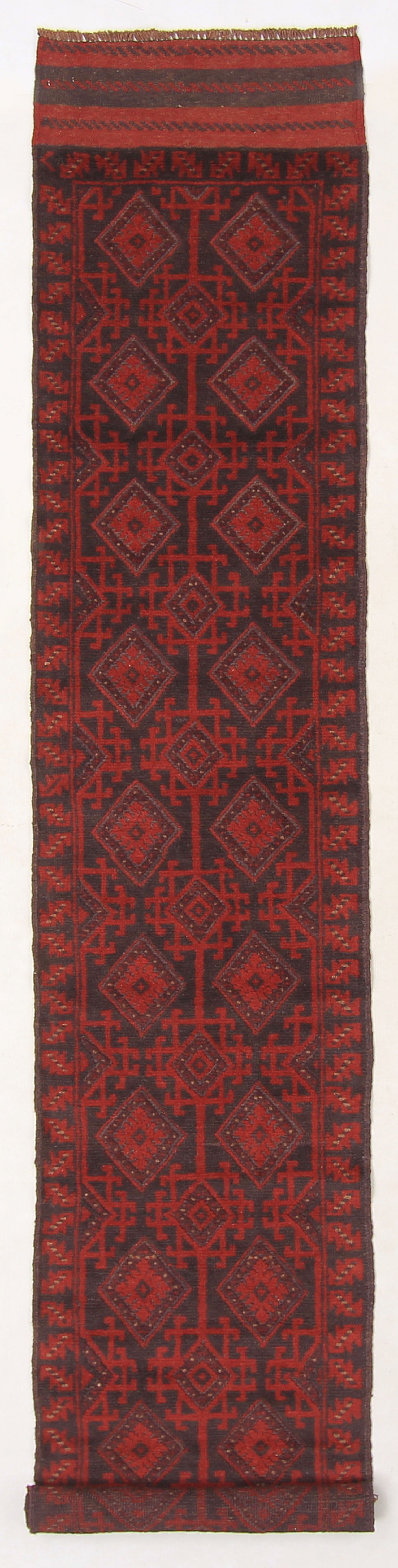 10' 6" X 2' 6" Red Handmade Mashwani Afghan Rug Runner