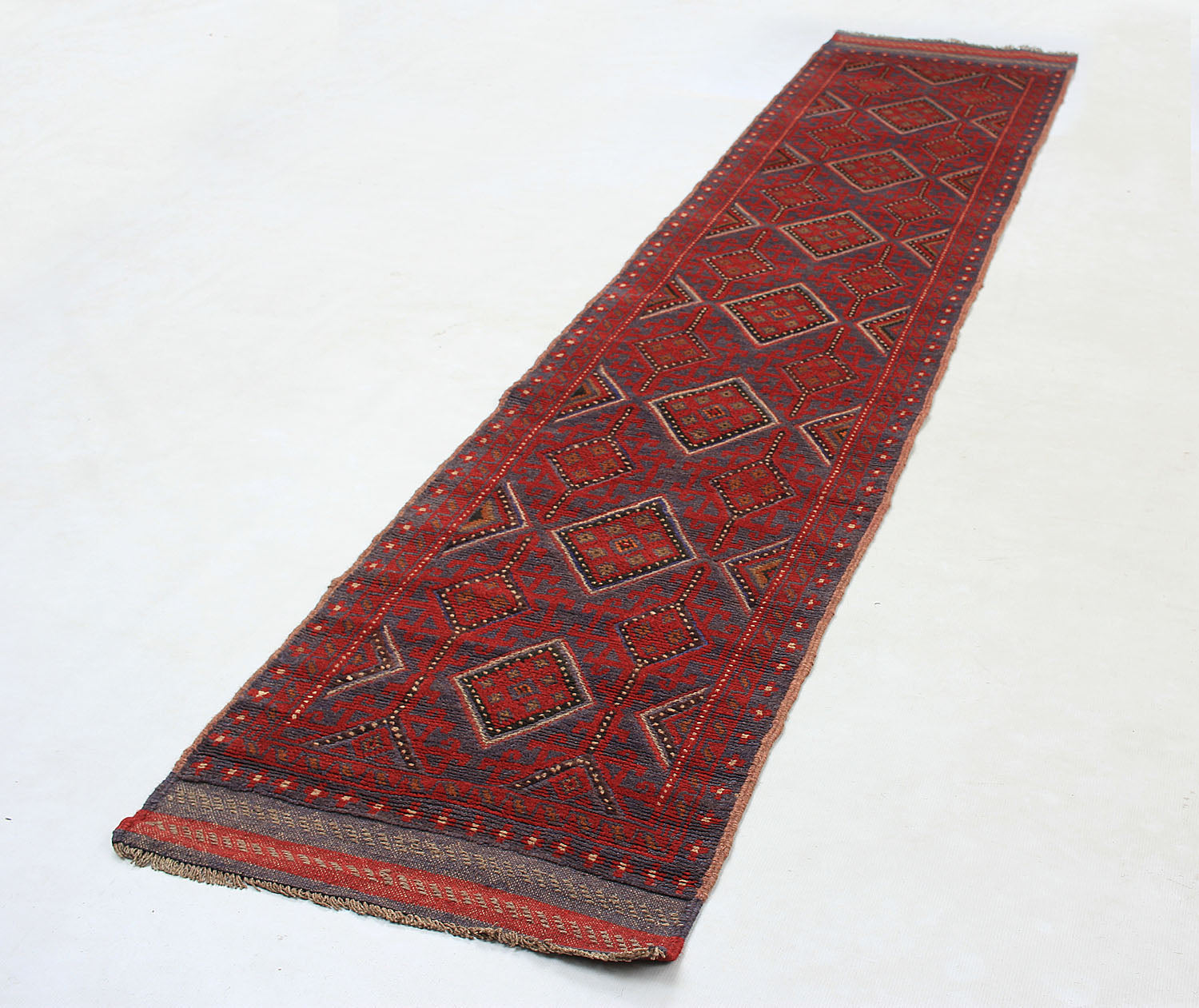 10' 6" X 2' 6" Red Handmade Mashwani Afghan Rug Runner