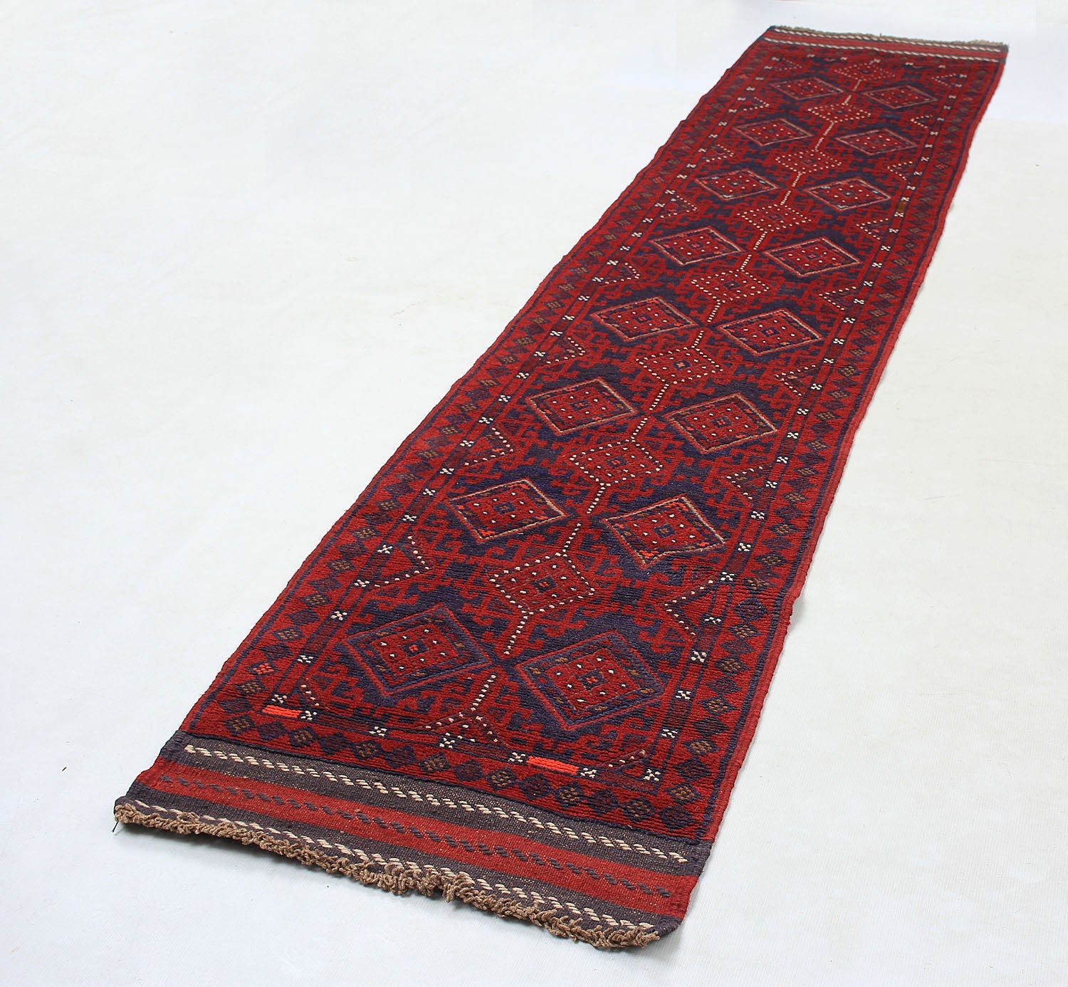 10' 6" X 2' 6" Red Handmade Mashwani Afghan Rug Runner