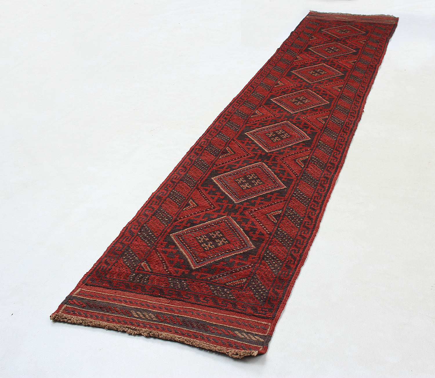 10' 6" X 2' 6" Red Handmade Mashwani Afghan Rug Runner