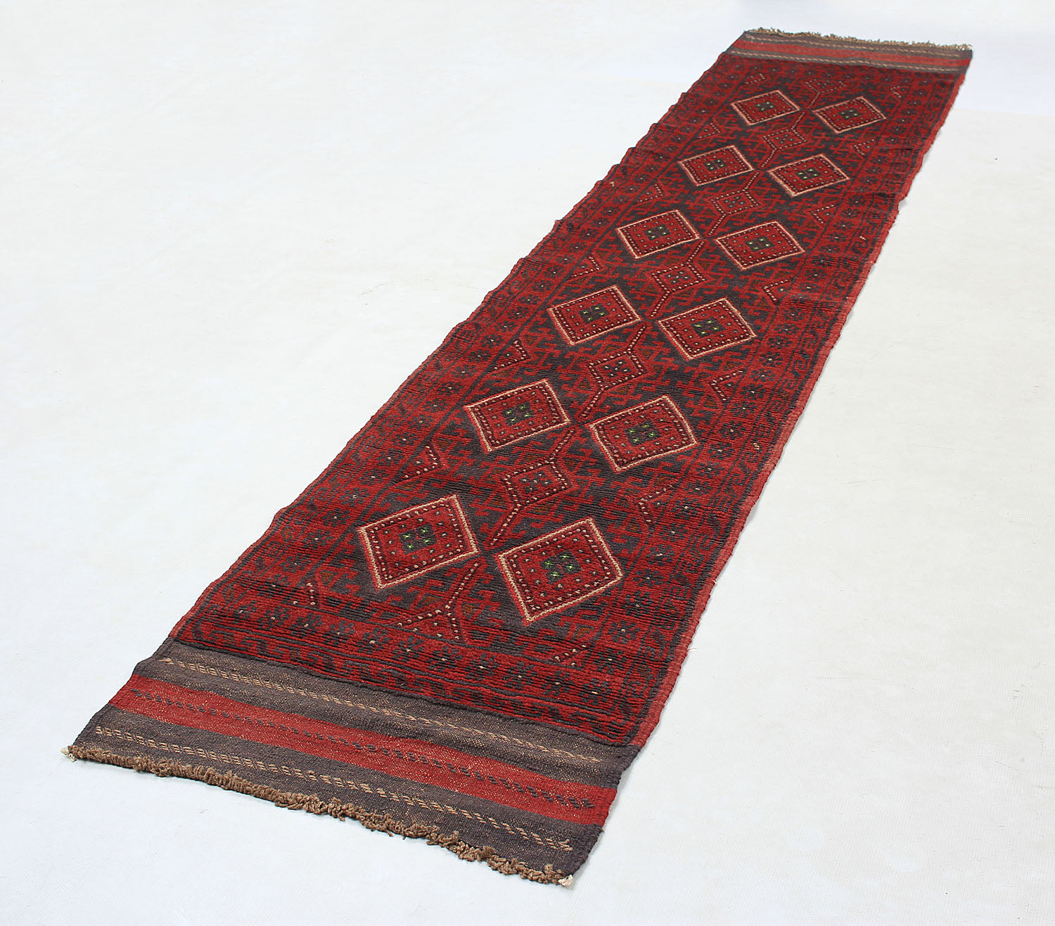 10' 6" X 2' 6" Red Handmade Mashwani Afghan Rug Runner