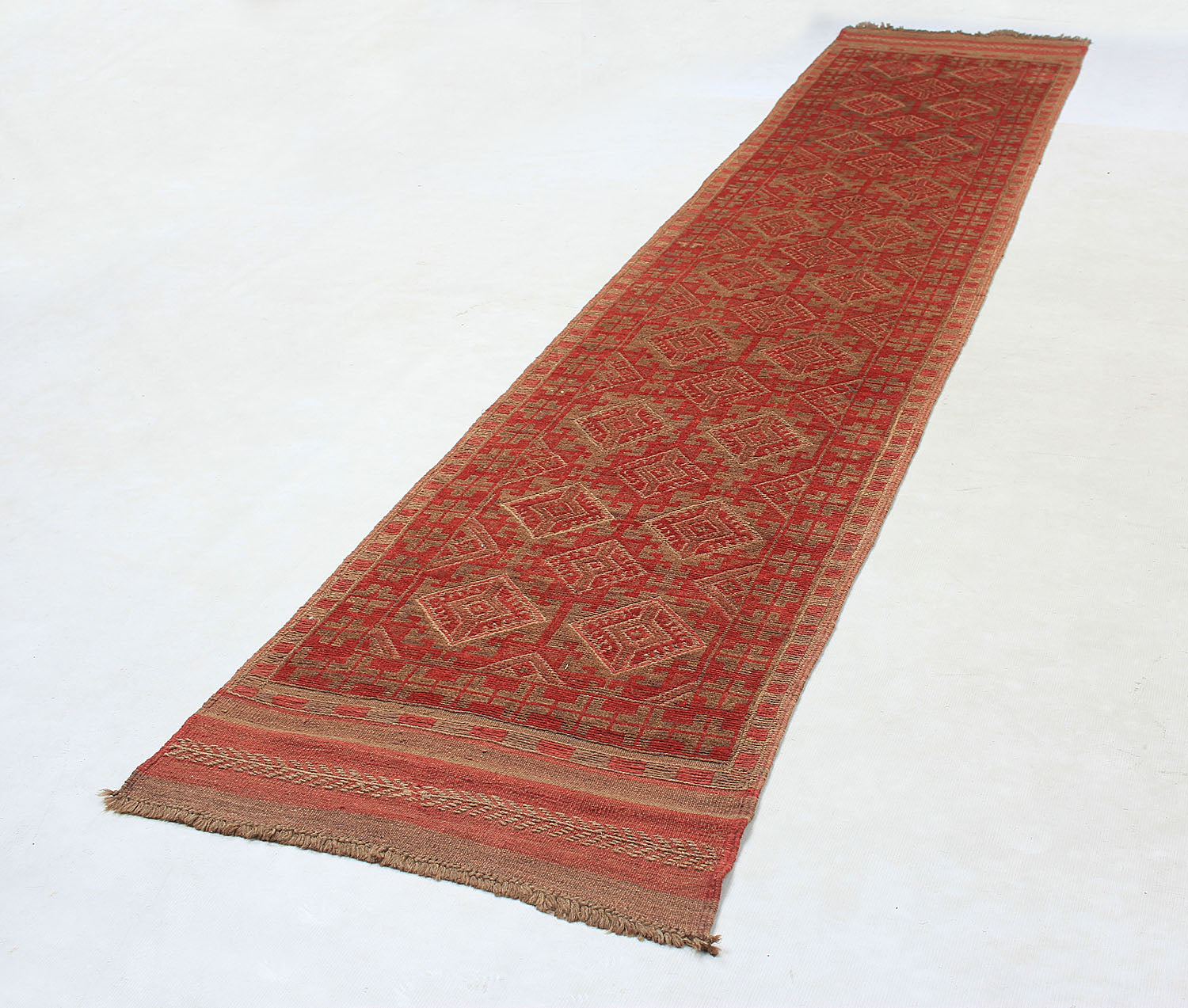 10' 6" X 2' 6" Red Handmade Mashwani Afghan Rug Runner
