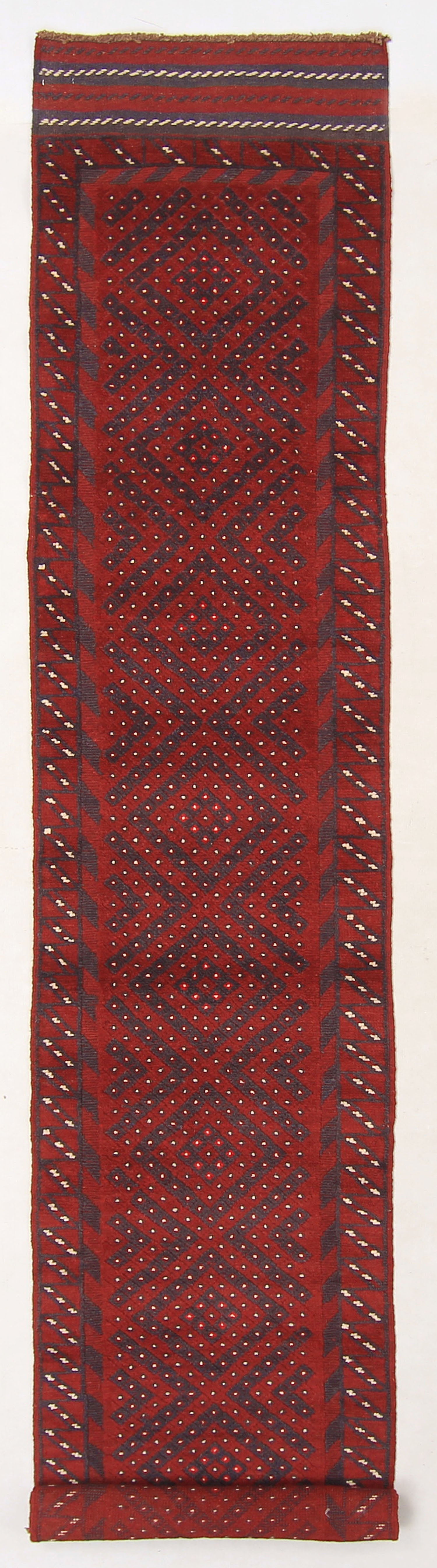 10' 6" X 2' 6" Red Handmade Mashwani Afghan Rug Runner