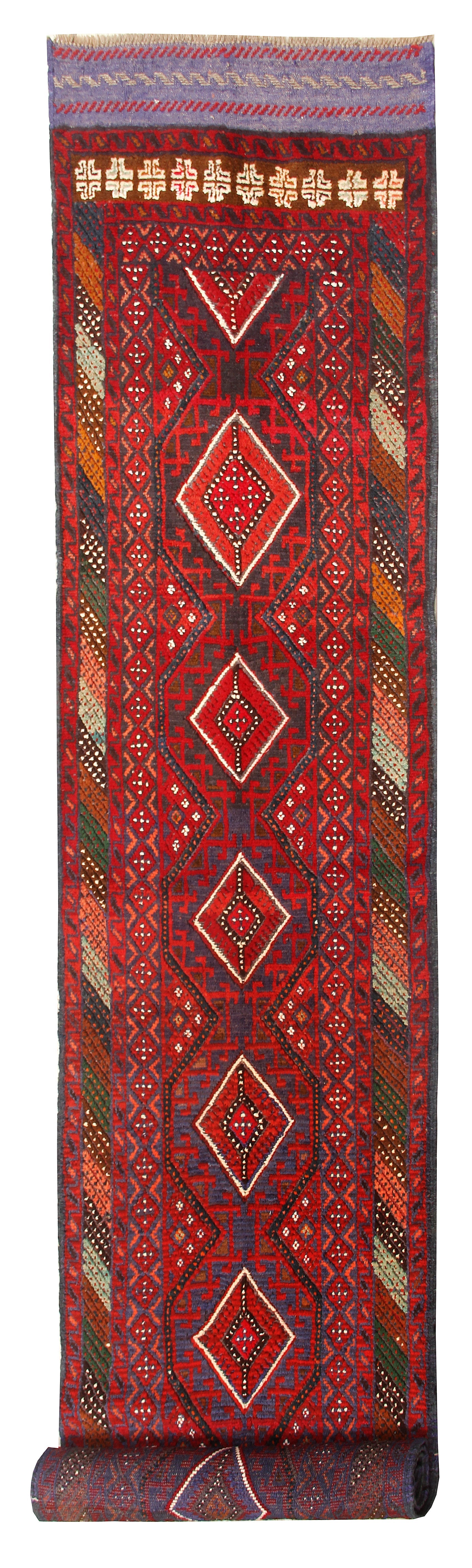 10' 6" X 2' 6" Red Handmade Mashwani Afghan Rug Runner