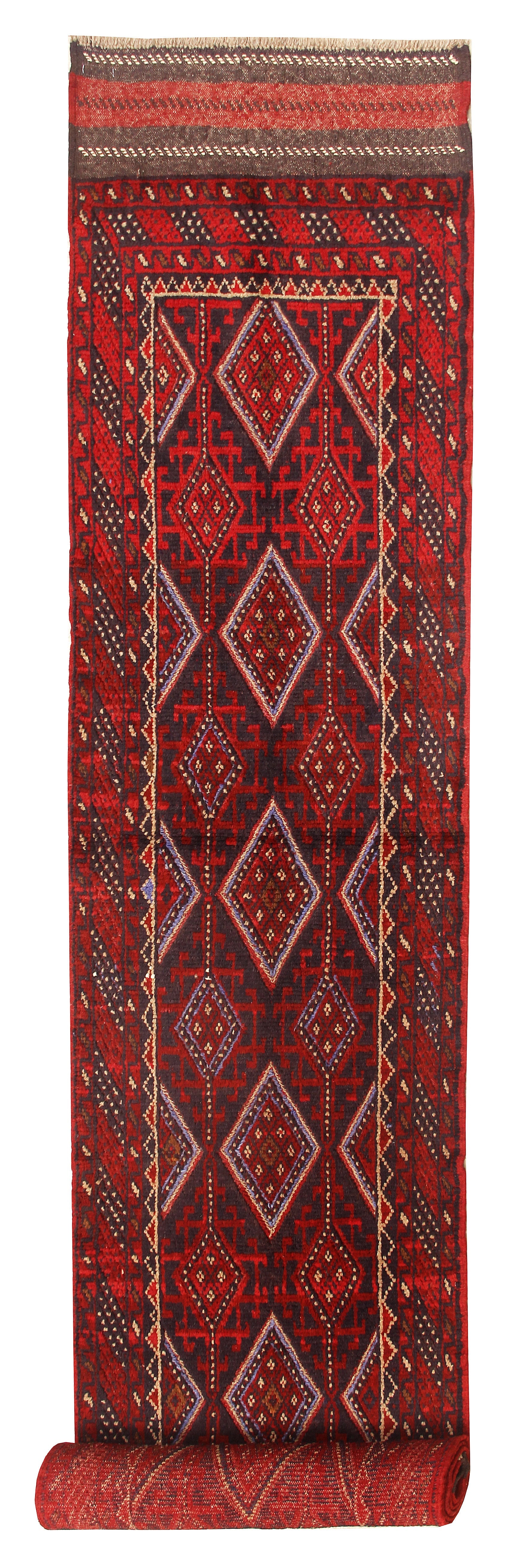 10' 6" X 2' 6" Red Handmade Mashwani Afghan Rug Runner