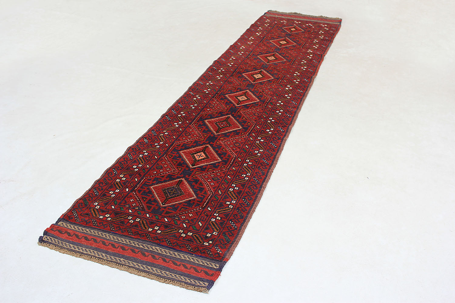10' 6" X 2' 6" Red Handmade Mashwani Afghan Rug Runner