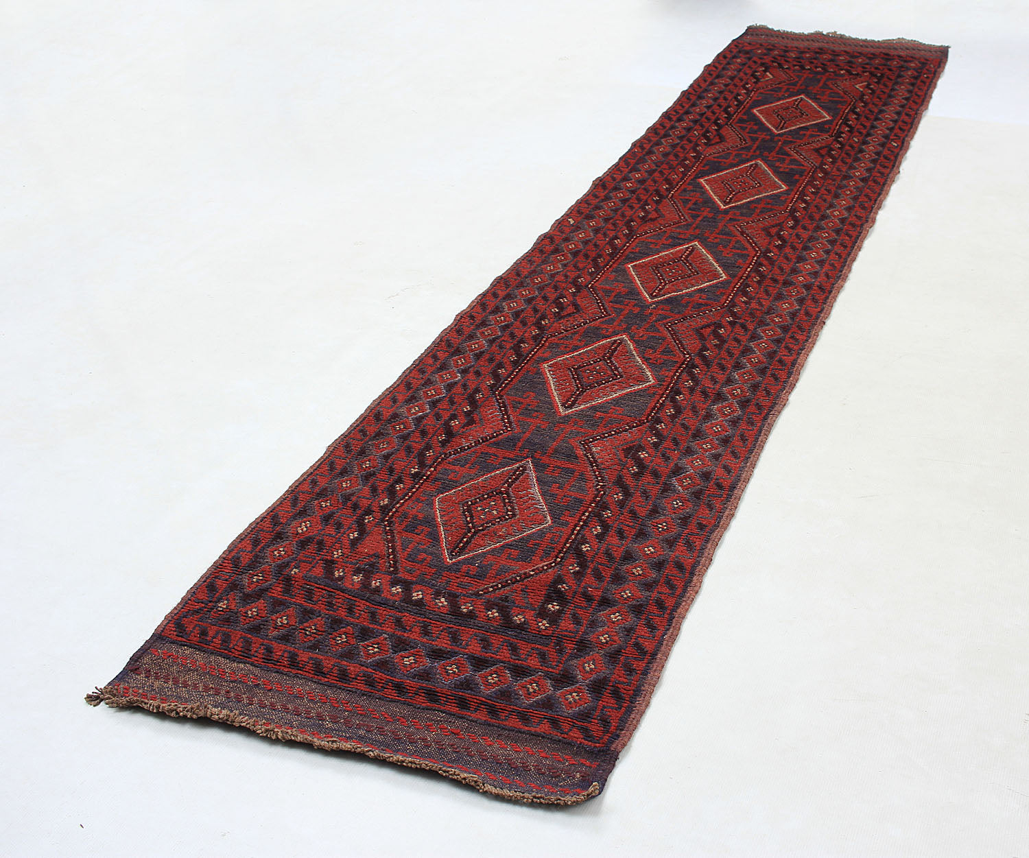 10' 6" X 2' 6" Red Handmade Mashwani Afghan Rug Runner