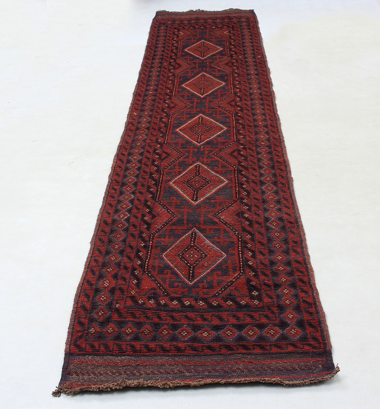 10' 6" X 2' 6" Red Handmade Mashwani Afghan Rug Runner