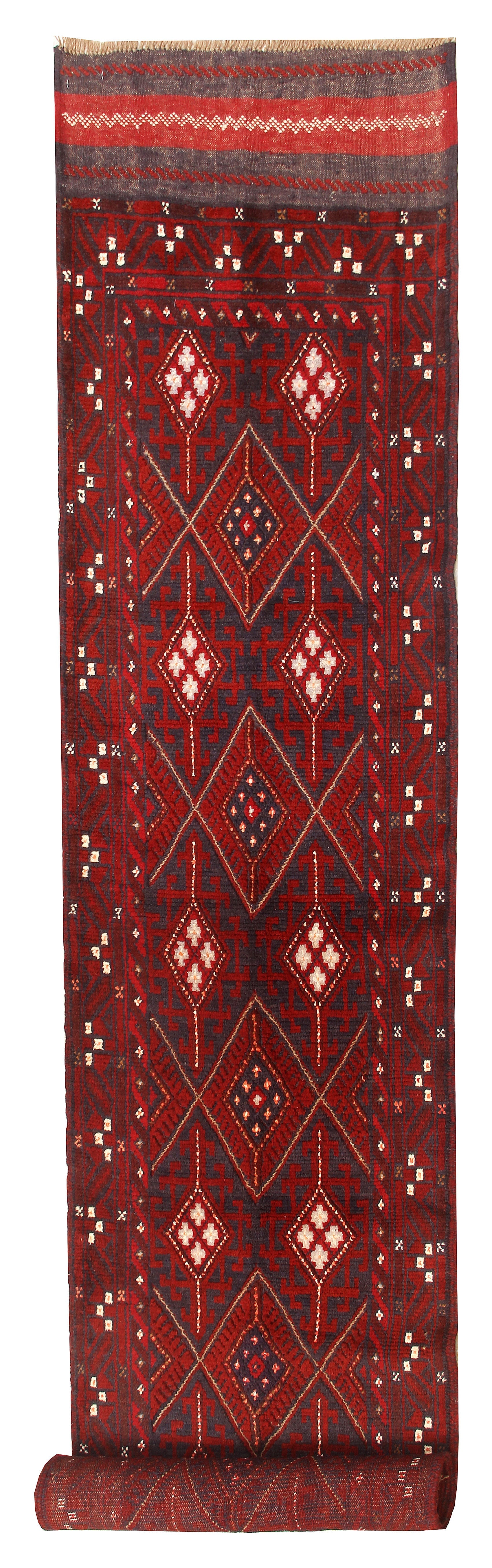 10' 6" X 2' 6" Red Handmade Mashwani Afghan Rug Runner
