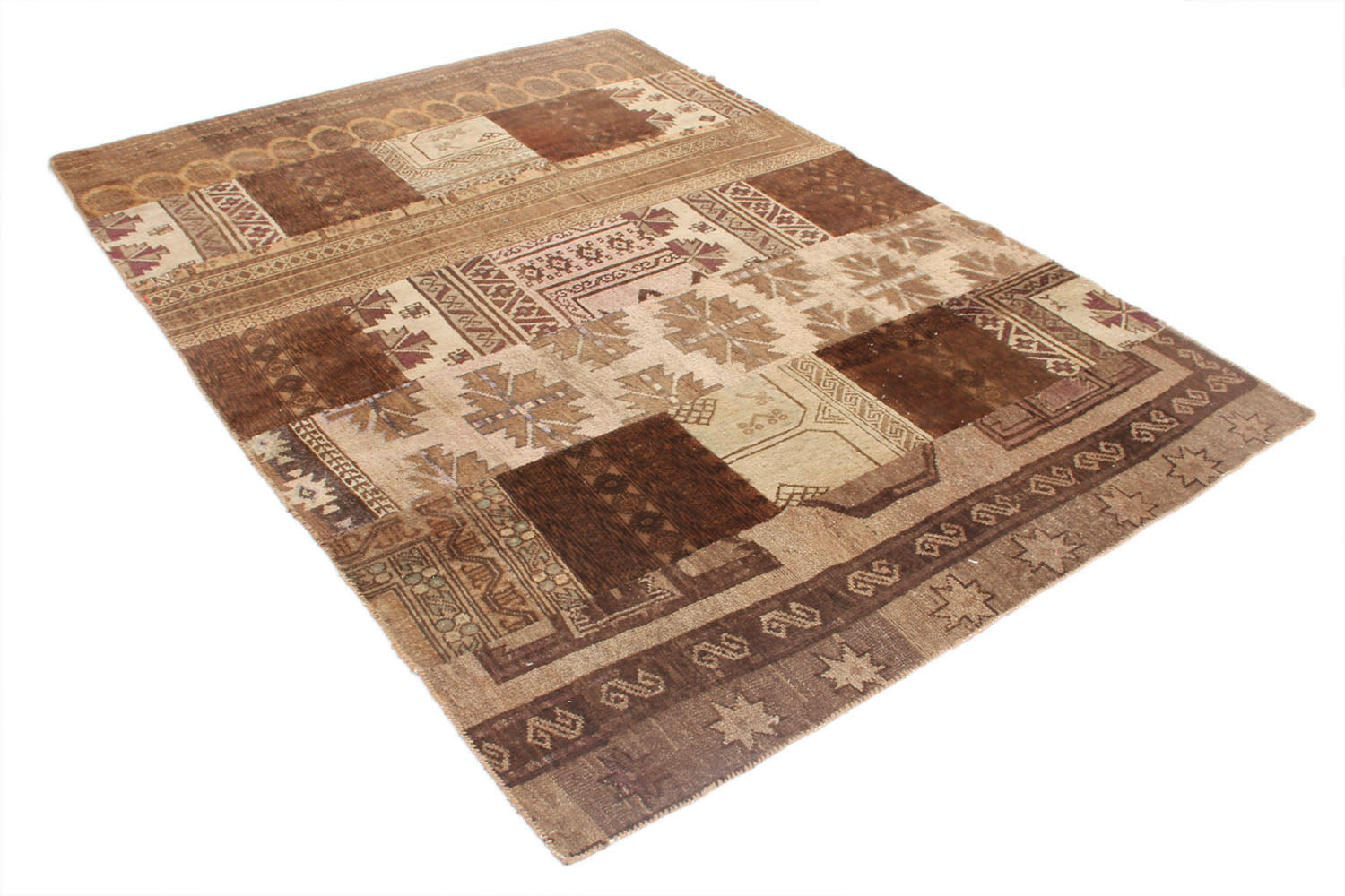 5' 6" X 8' Brown Handmade Patch Work Afghan Rug Rectangular