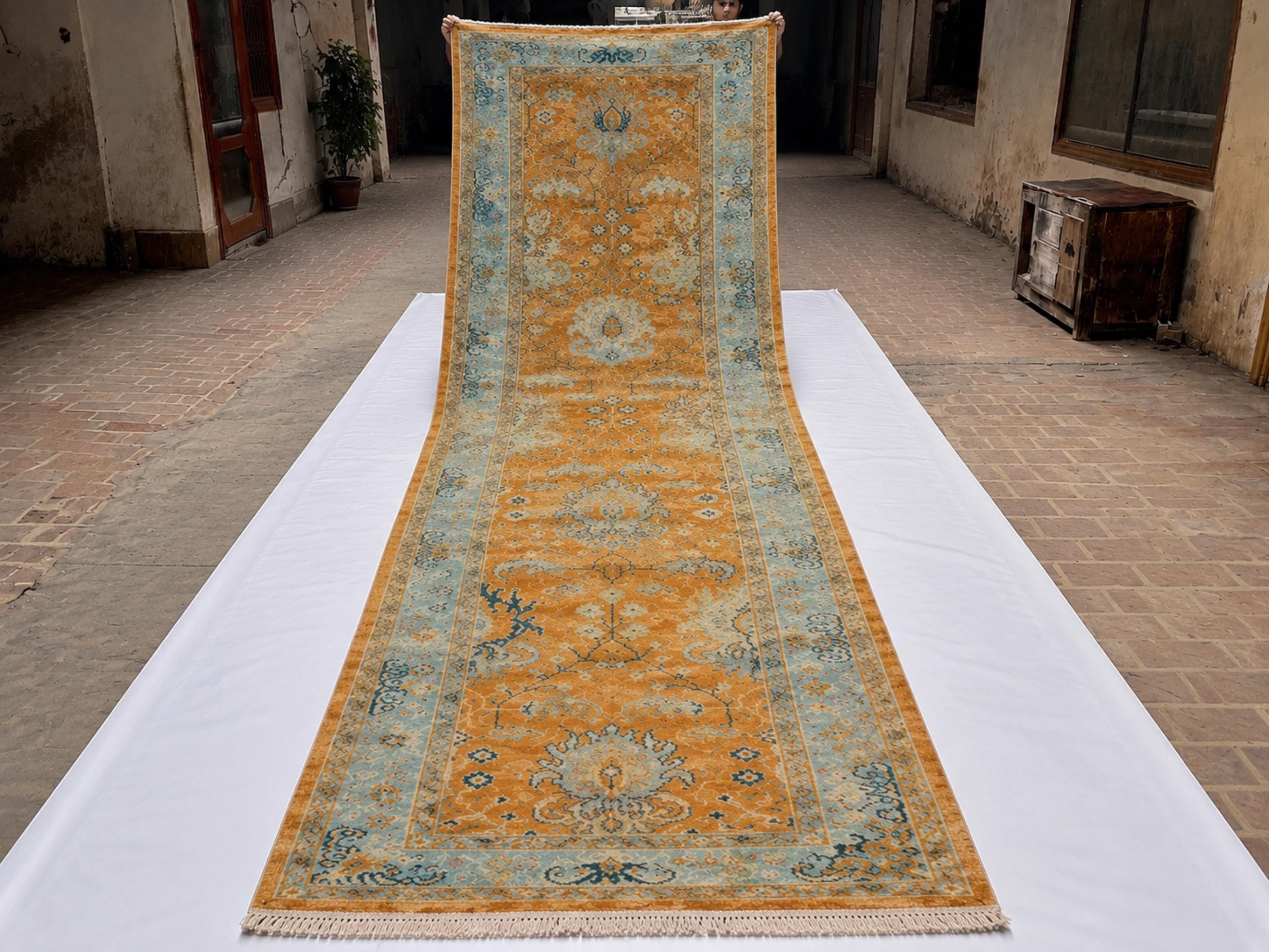 3x10 Oushak Runner Rug, Hand Knotted Gold Wool Staircase Long Hallway Runner, Medallion Turkish Corridor Carpet