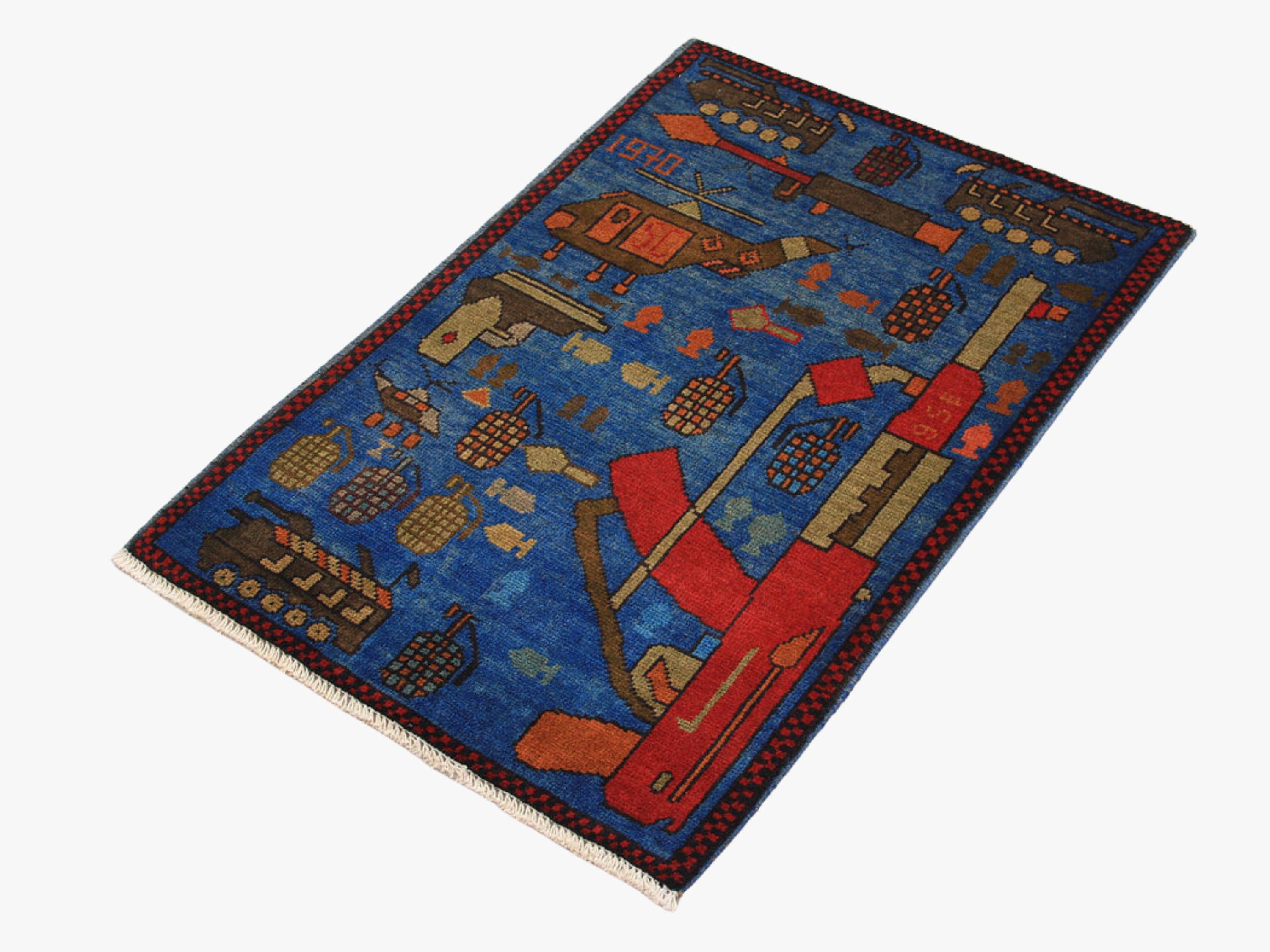 2x3 Tribal Pictorial Rug, Hand Knotted Wool Afghan War Wall Hanging, Military Decor