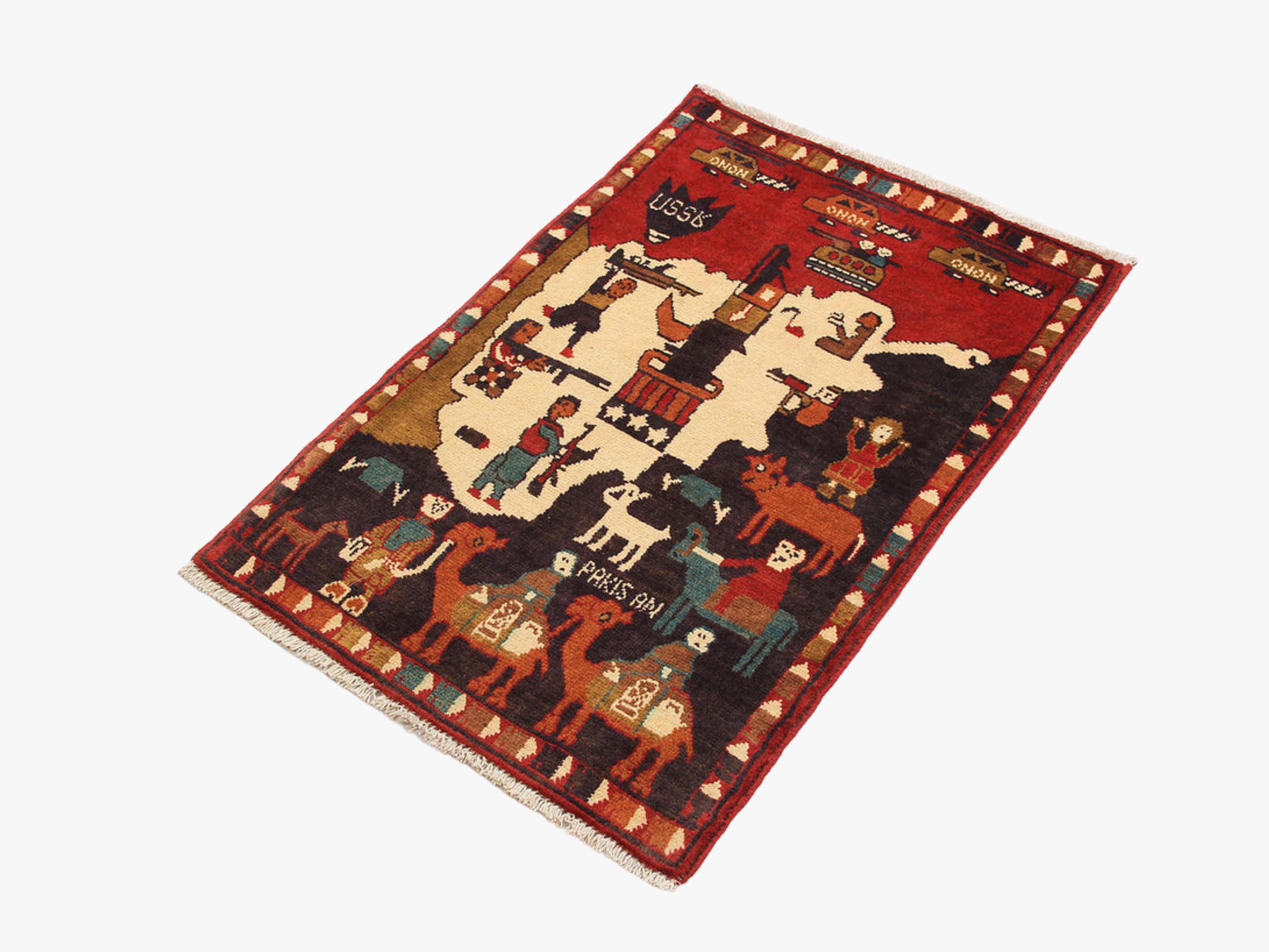 2x3 Folk Art Tribal Rug, Hand Knotted Afghan Pictorial Wool Wall Hanging, Bedroom Office Decor