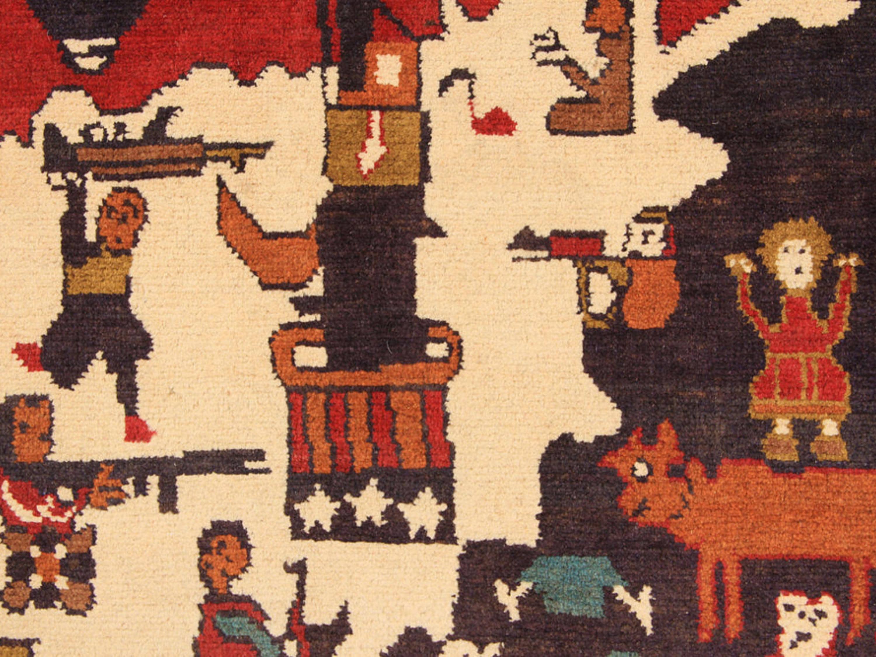 2x3 Folk Art Tribal Rug, Hand Knotted Afghan Pictorial Wool Wall Hanging, Bedroom Office Decor