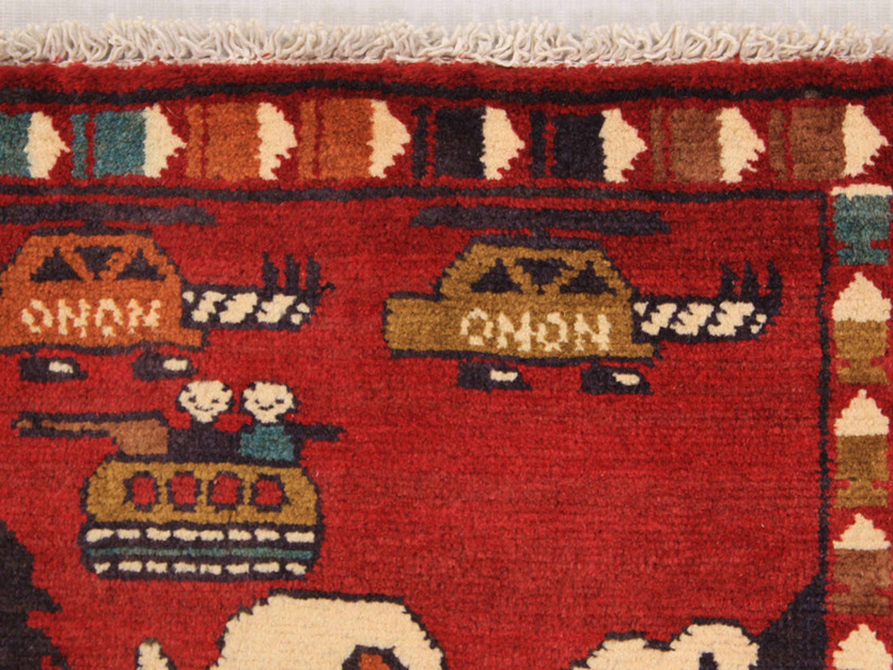 2x3 Folk Art Tribal Rug, Hand Knotted Afghan Pictorial Wool Wall Hanging, Bedroom Office Decor