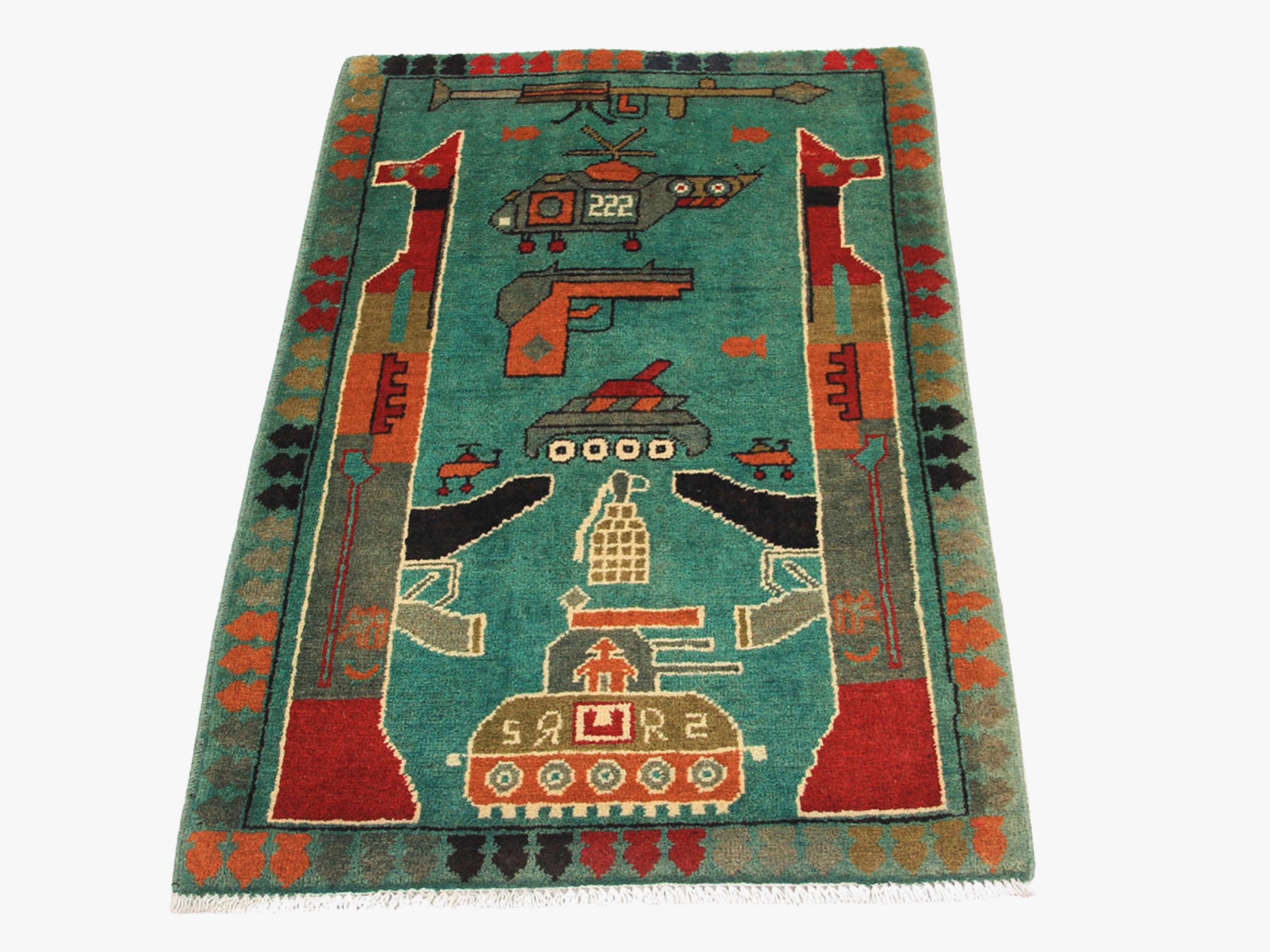2x3 Hand Knotted Afghan Rug, Wool Tribal War Wall Hanging, Pictorial Folk Art Decor