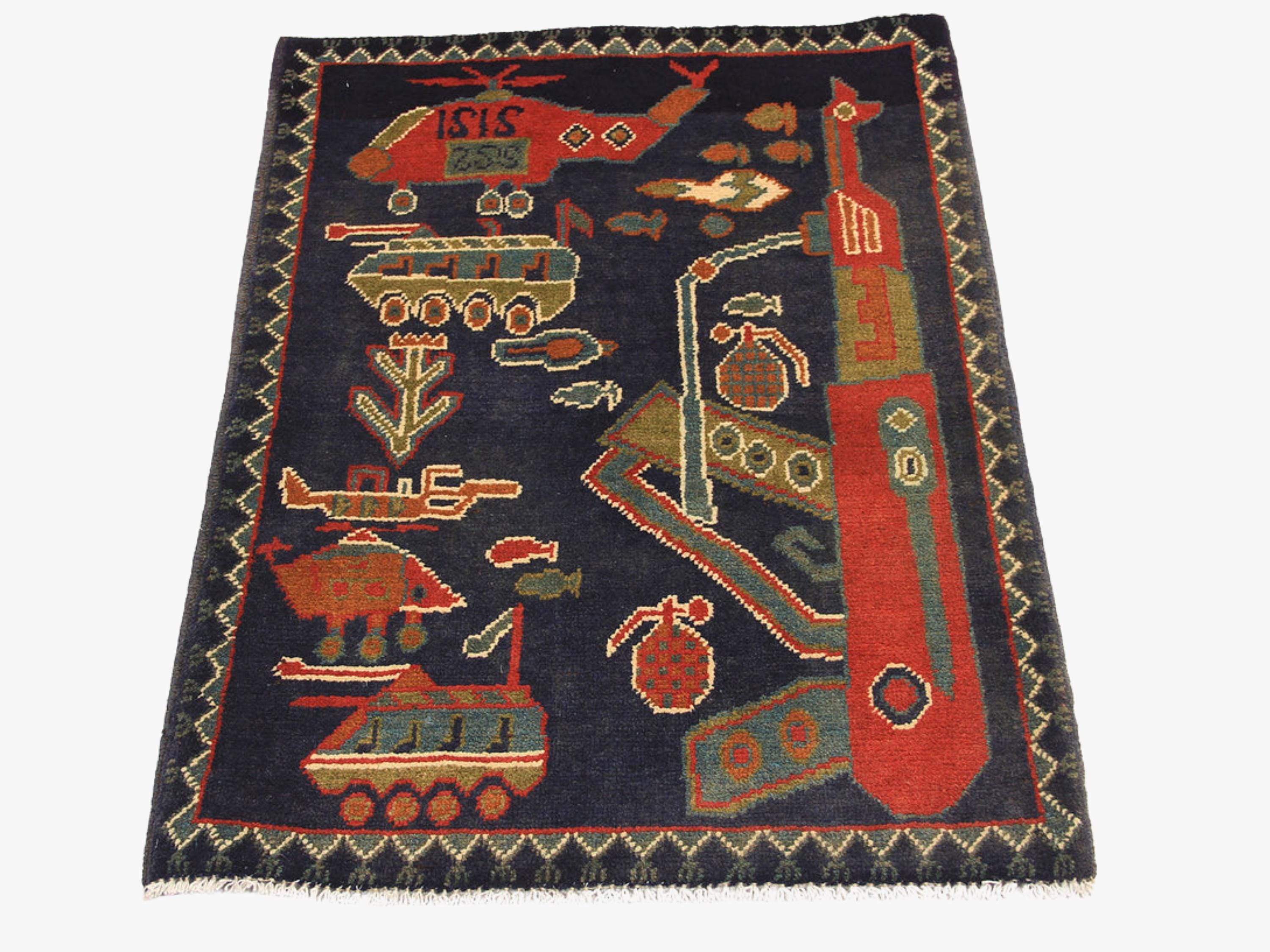 2x3 Pictorial Afghan War Rug, Handmade Wool Tribal Military Design