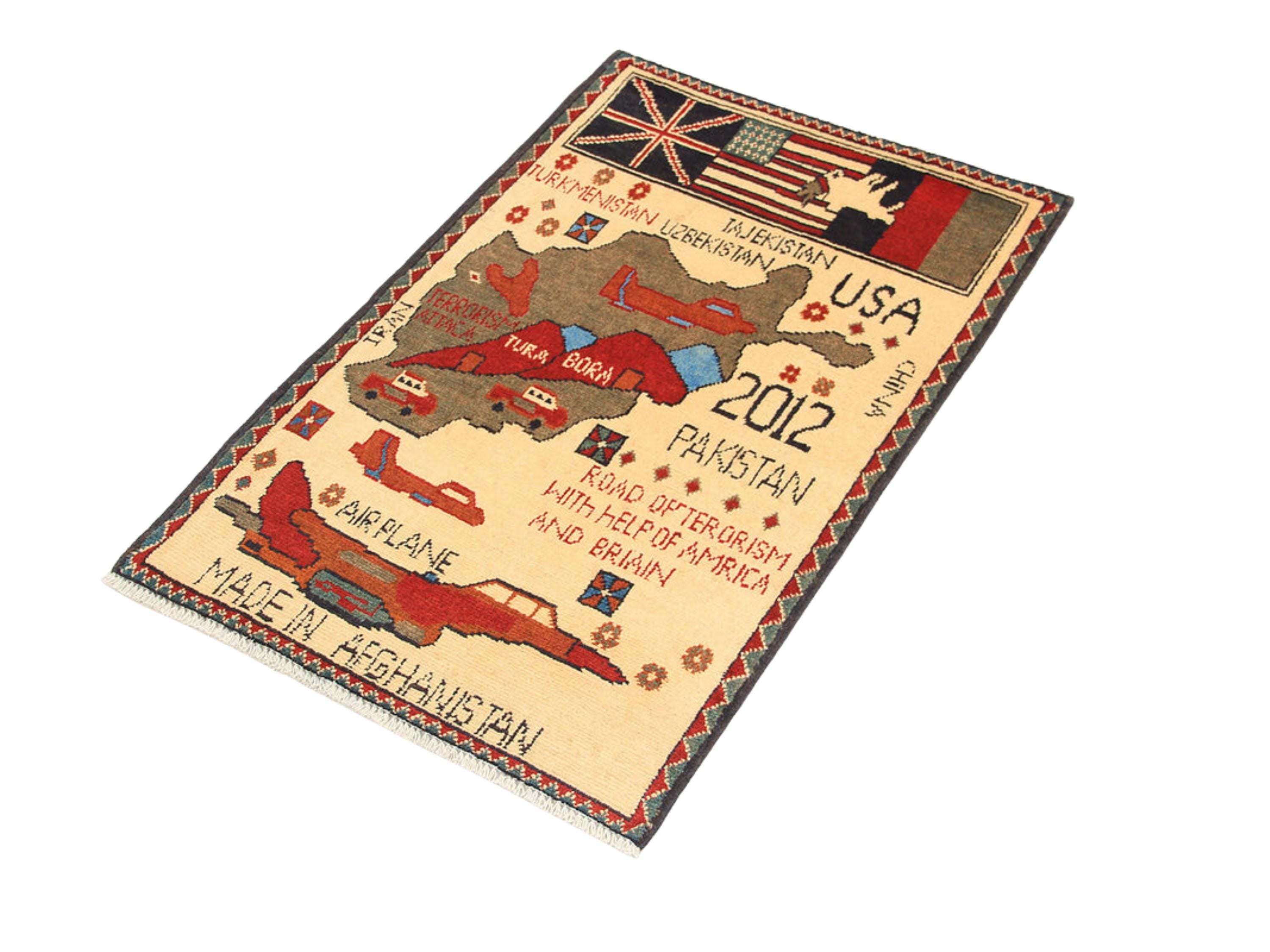 2x3 Handcrafted Political Map Rug, Afghan War Wool Wall Art