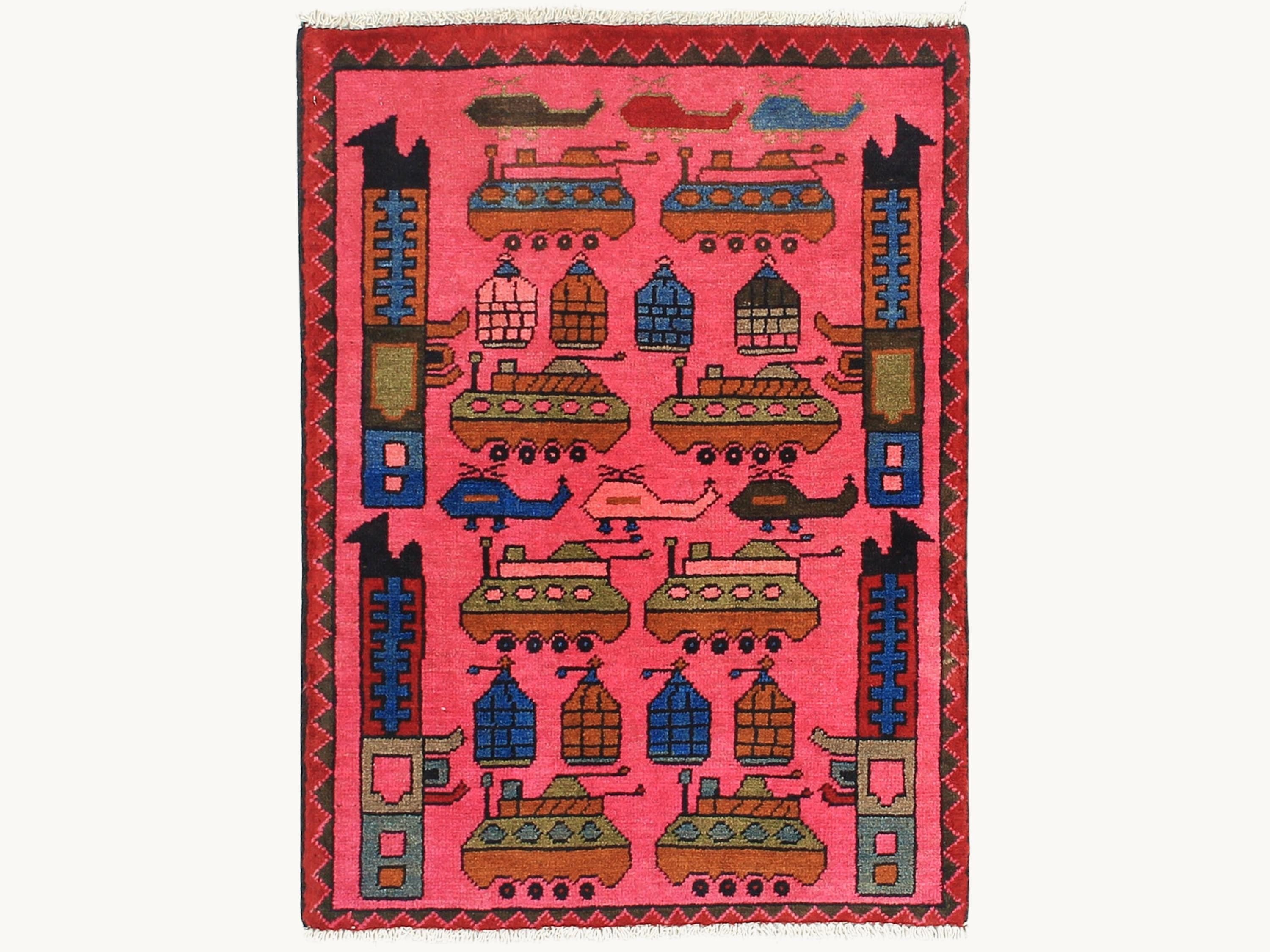 2x3 Pink Tribal War Rug, Handmade Wool Afghan Military Design