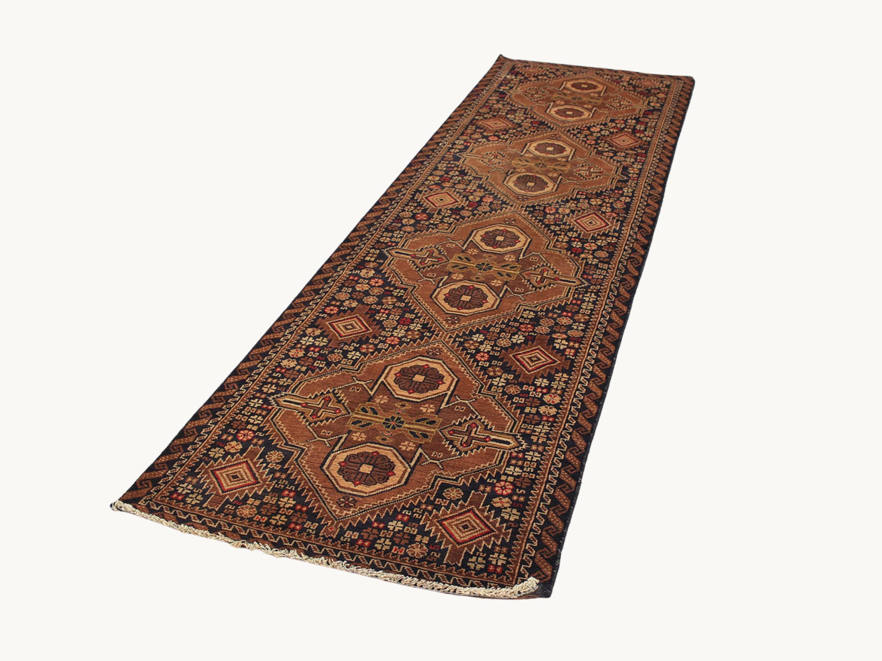 3x10 Tribal Runner Rug, Hand Knotted Wool Geometric Long Hallway Runner, Brown Oriental Corridor Carpet