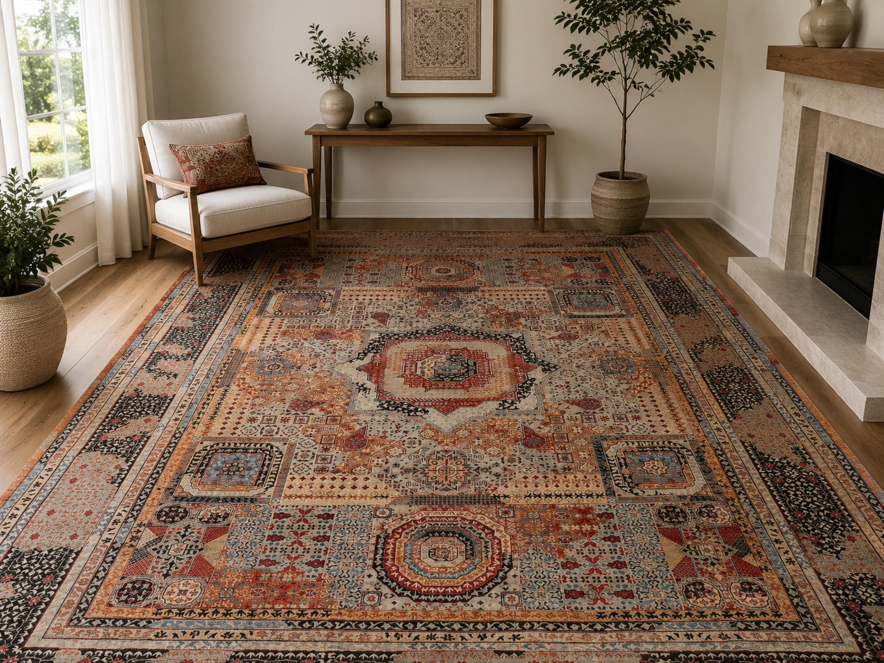 10x14 Persian Style Mamluk Rug, Hand Knotted Wool Area Rug, Geometric Medallion Carpet, Luxury Living Room Dining Room Decor