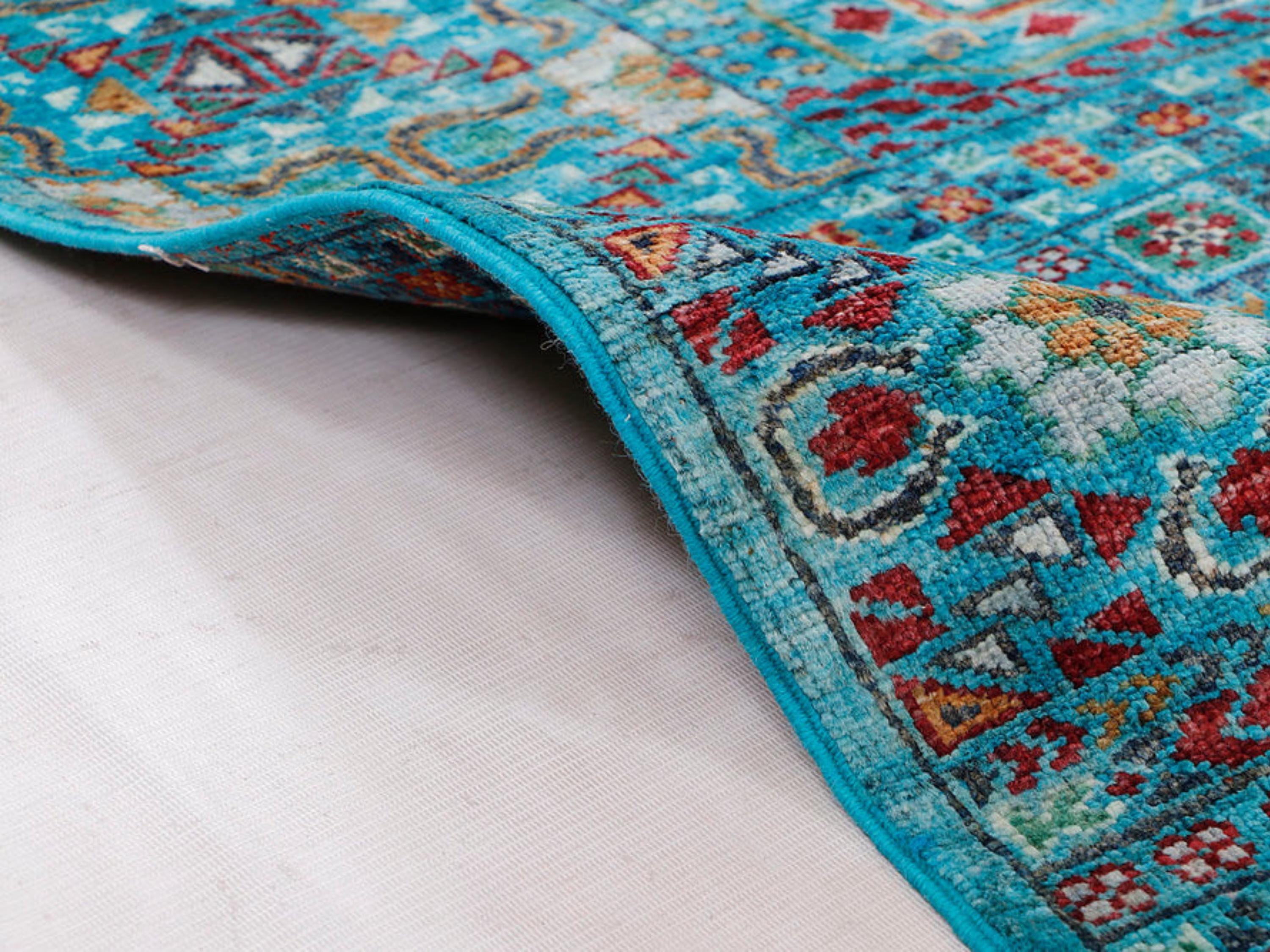 3x10 Mamluk Style Runner Rug, Hand Knotted Wool Medallion Long Hallway Runner, Aqua Oriental Kitchen Entryway Carpet