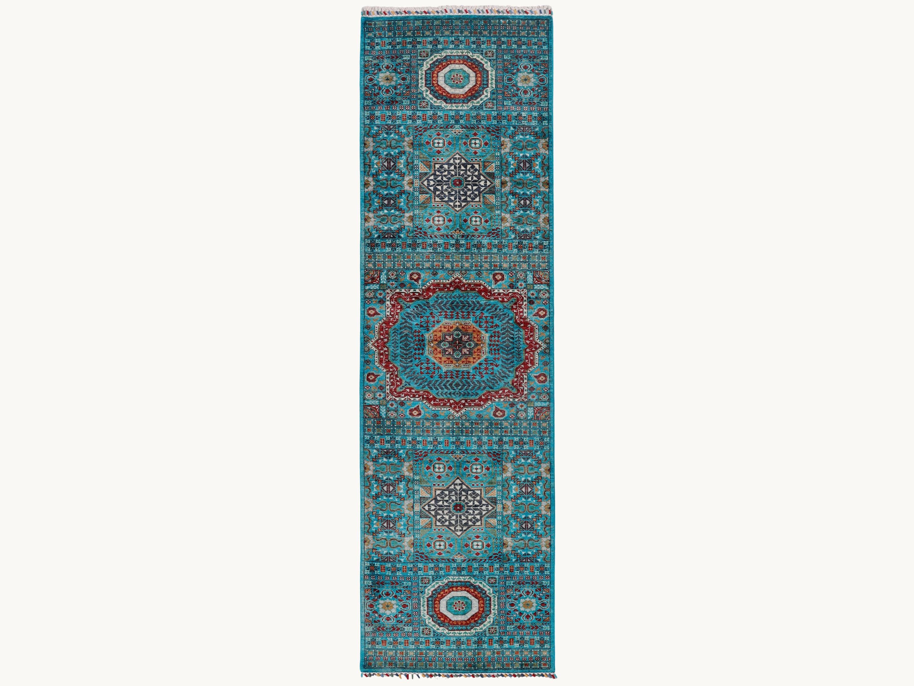 3x10 Mamluk Style Runner Rug, Hand Knotted Wool Medallion Long Hallway Runner, Aqua Oriental Kitchen Entryway Carpet