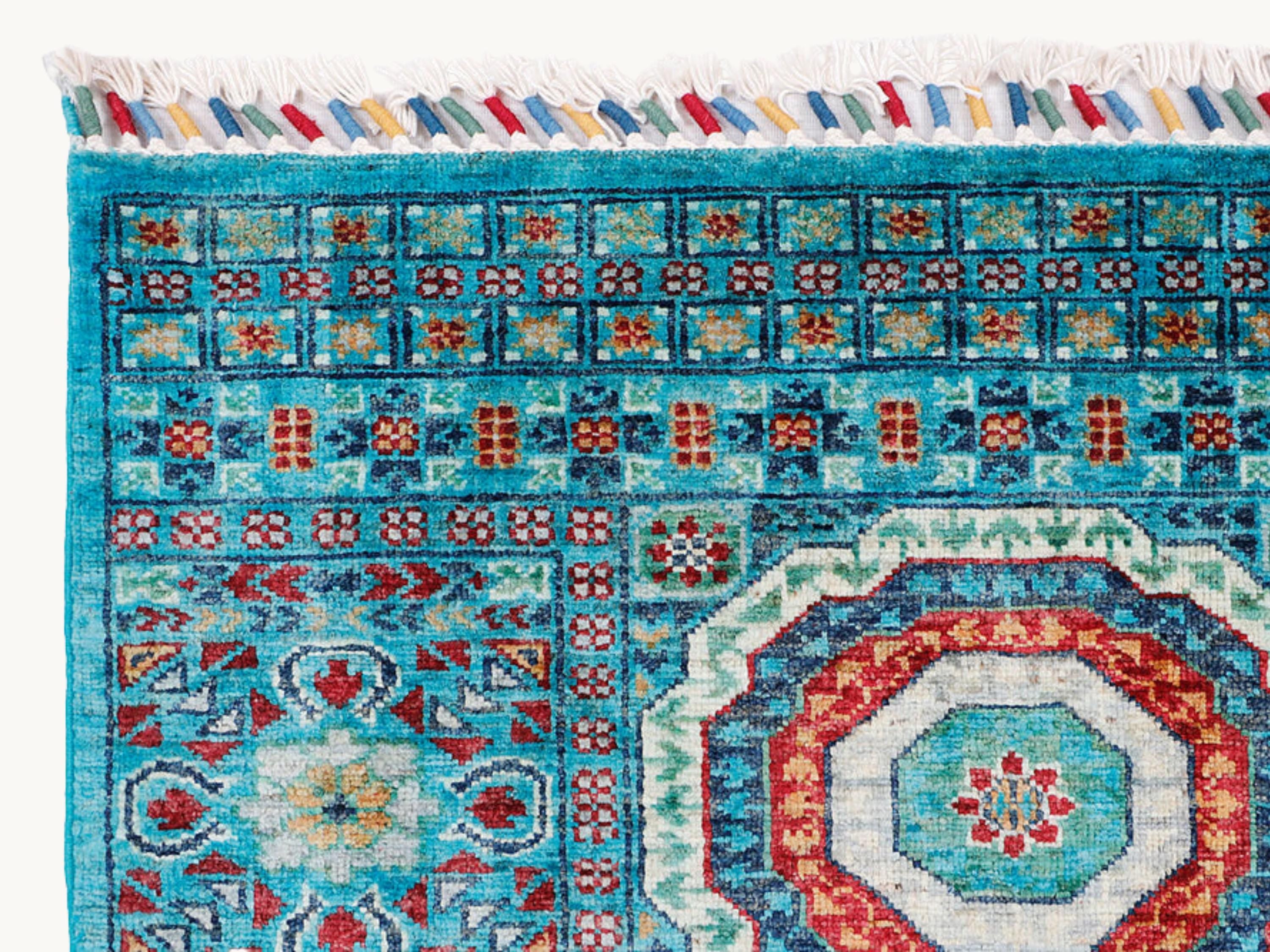 3x10 Mamluk Style Runner Rug, Hand Knotted Wool Medallion Long Hallway Runner, Aqua Oriental Kitchen Entryway Carpet