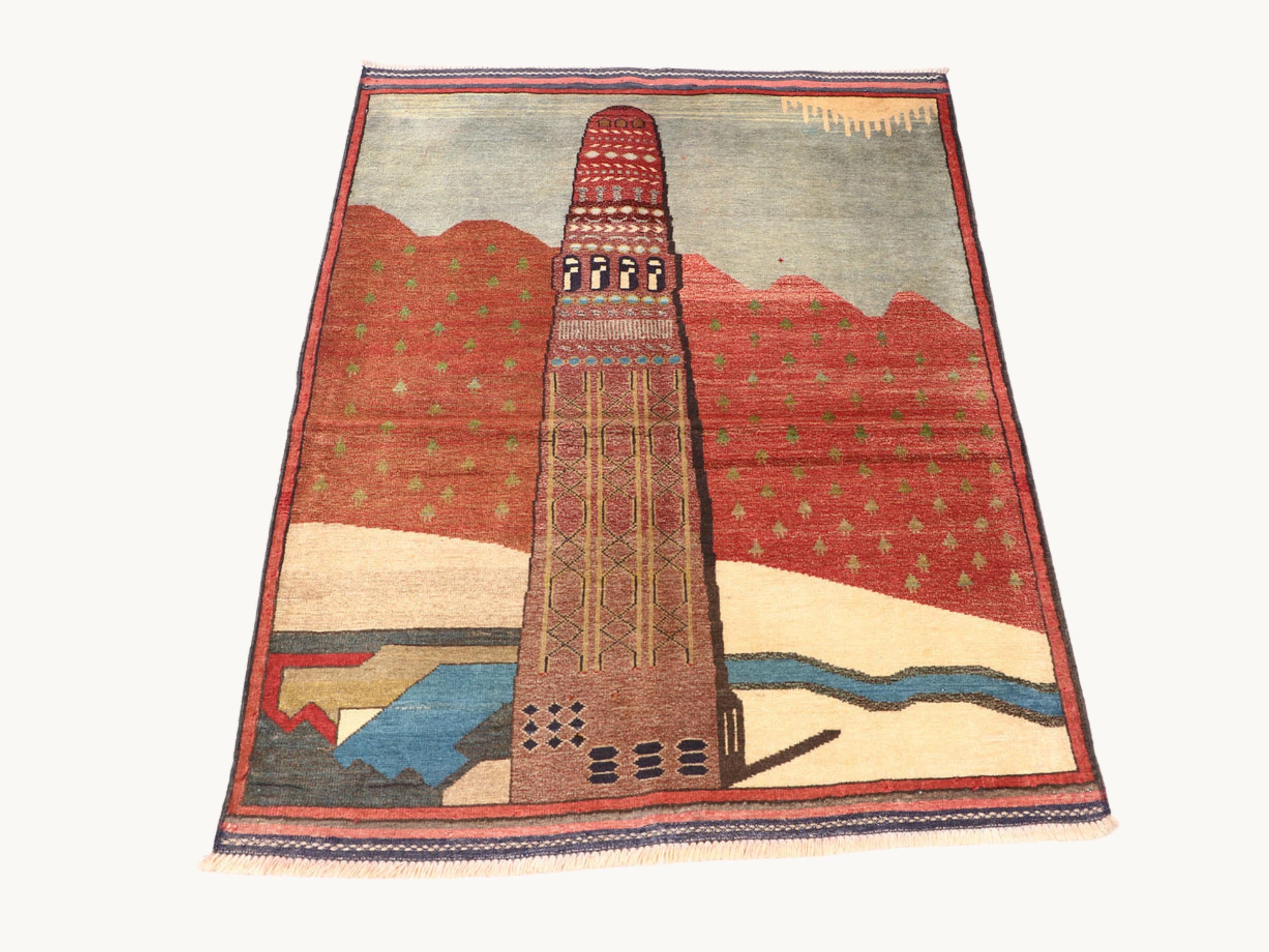 3x4 Architectural Pictorial Tapestry Wall Hanging Rug, Afghan Style Handmade Wool Textile Wall Art, Folk Art Decor